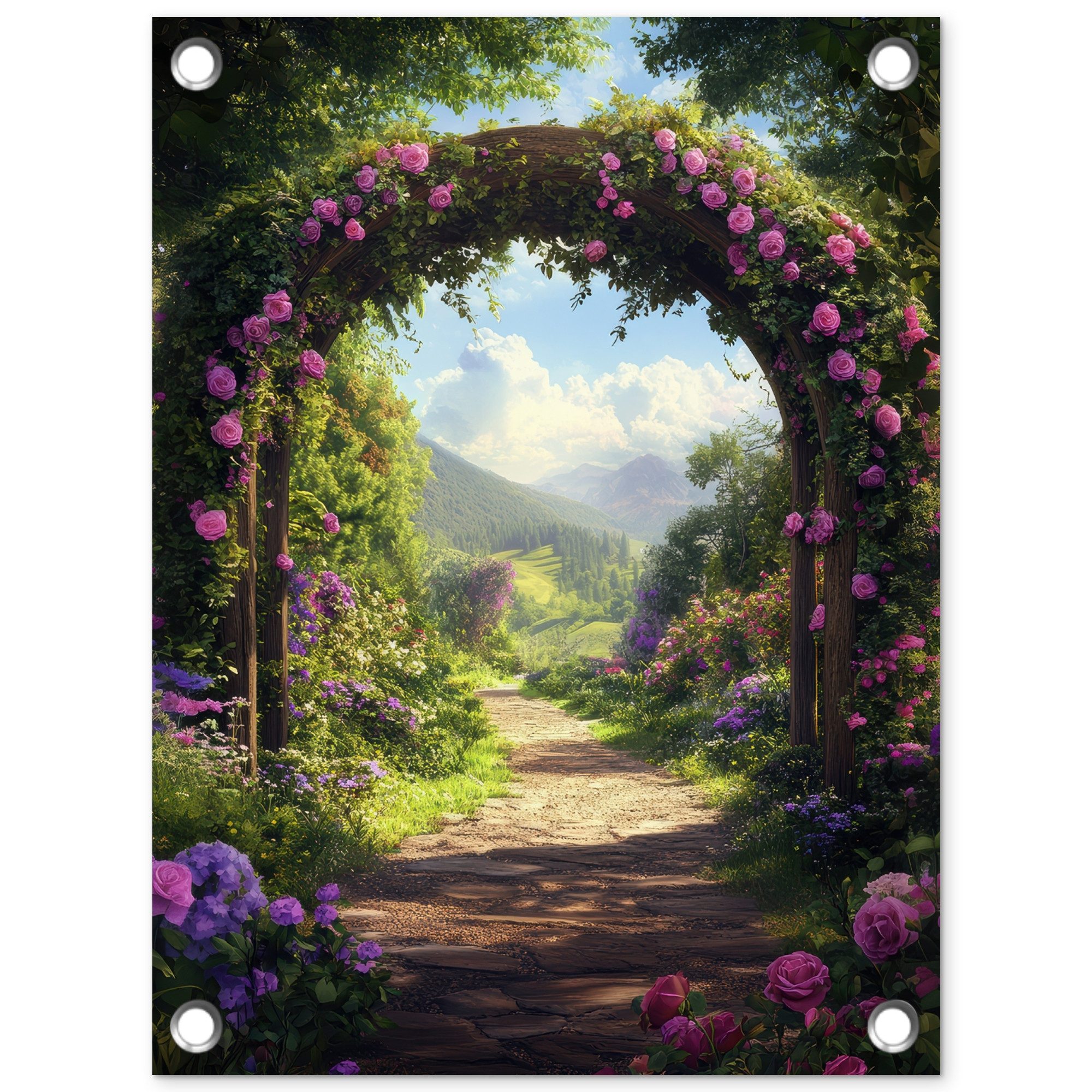 OnlyWow Poster für Garten Durchblick - Rosenbogen - Ansichten - Landschaft - Blumen, Gartenposter, Outdoor Bilder, Gartendeko für draußen, 30x40 cm