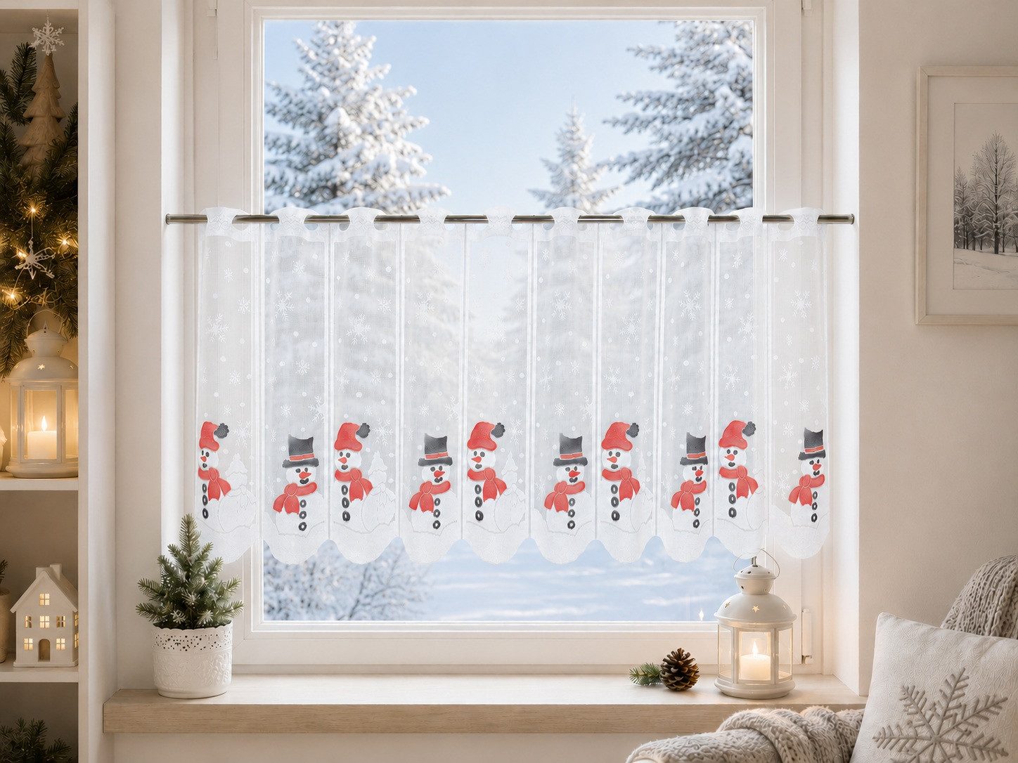 EXPERIENCE Scheibengardine Scheibengardine Schneemann Schneeflocke, HxB 50x140cm, (1 St), Stangendurchzug, transparent, bedruckt