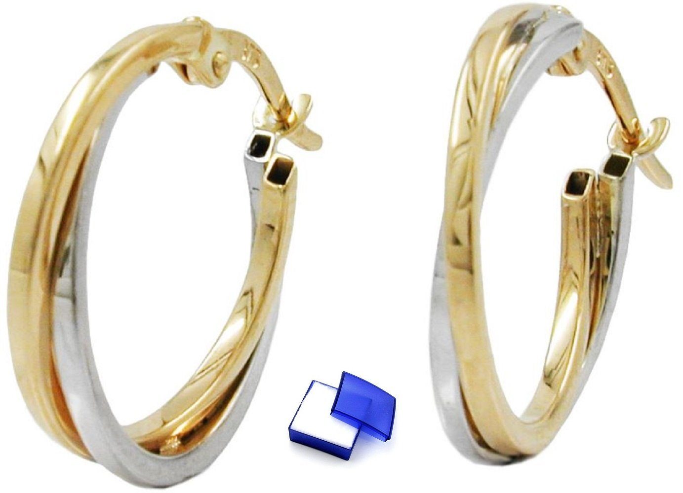 unbespielt Paar Creolen Ohrringe Bicolor-Effekt 375 Gold 19 x 2 mm inkl. Schmuckbox, Goldschmuck für Damen