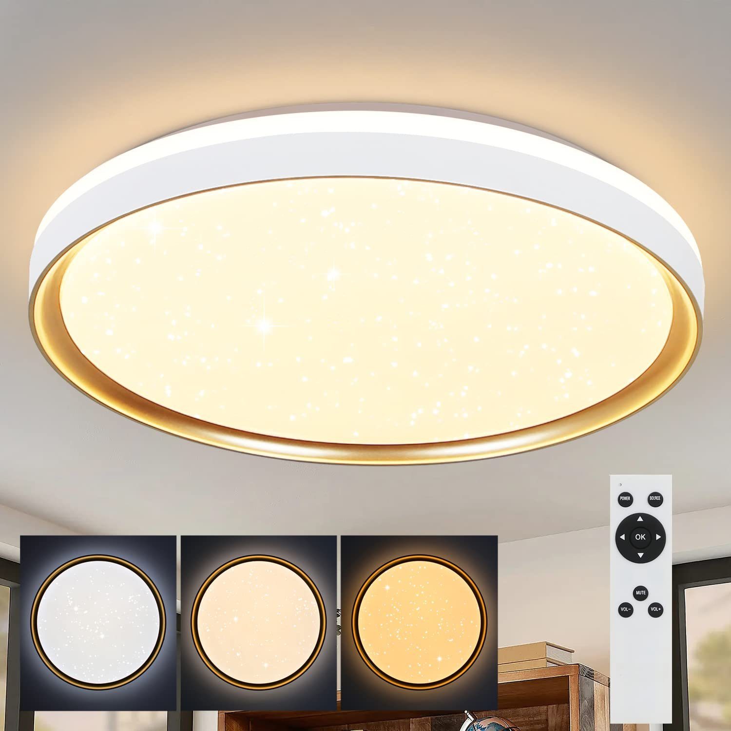 Weißgold mit Deckenleuchte Deckenleuchte Dimmbar Fernbedienung ZMH LED Wohnzimmer