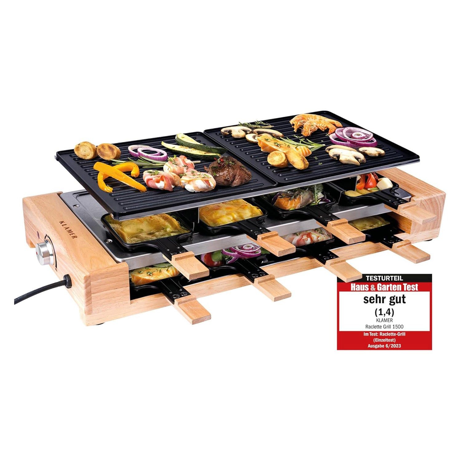 KLAMER Раклетници 8 Personen, 1500W Раклетници Grill mit Holzgestell, Раклетници mit antiha…