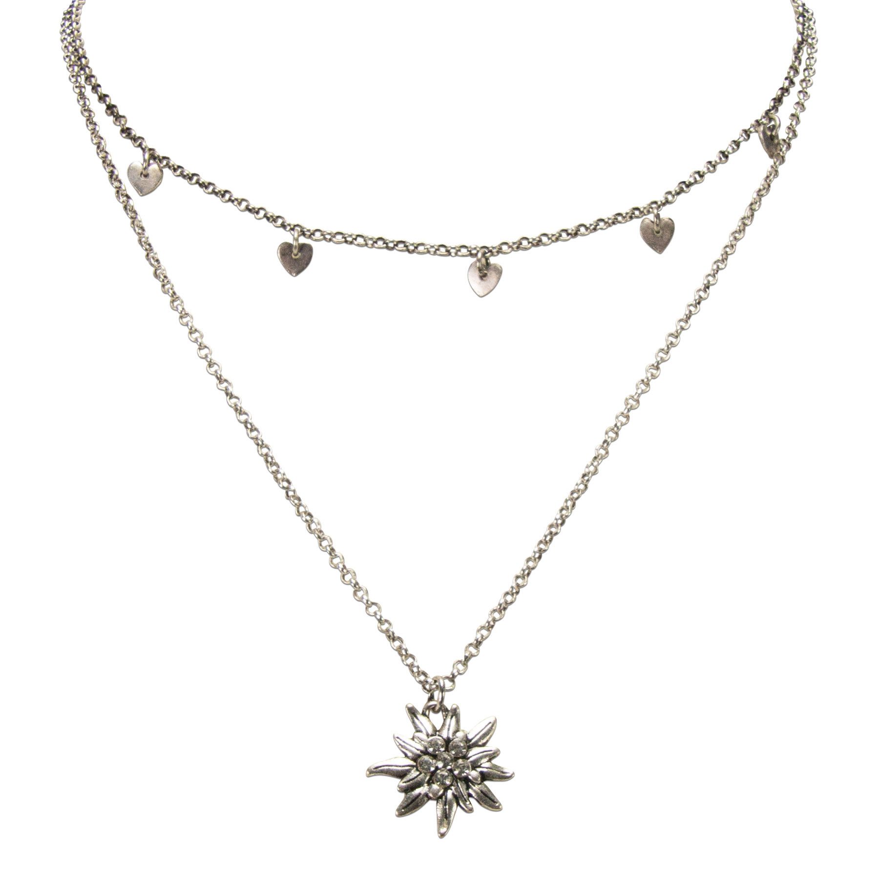 Alpenflüstern Collier Metall-Trachtenkette Strass-Edelweiß & Herzchen (antik-silber-farben), - Damen-Trachtenschmuck Dirndlkette – Bild 3 von 4