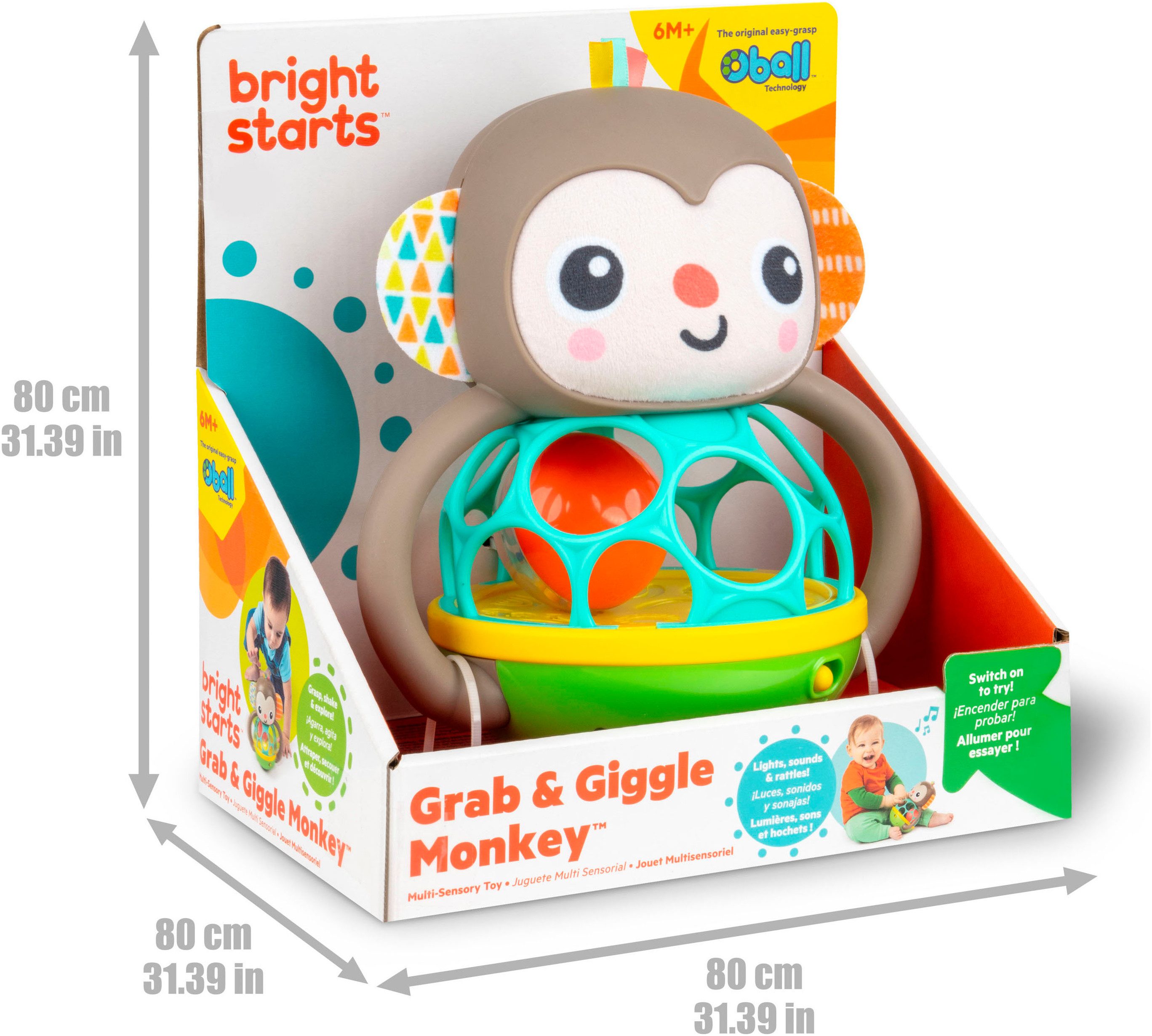 Bright Starts Greifspielzeug Grab & Giggle Monkey™ Multi-Sensory Toy, mit Sound