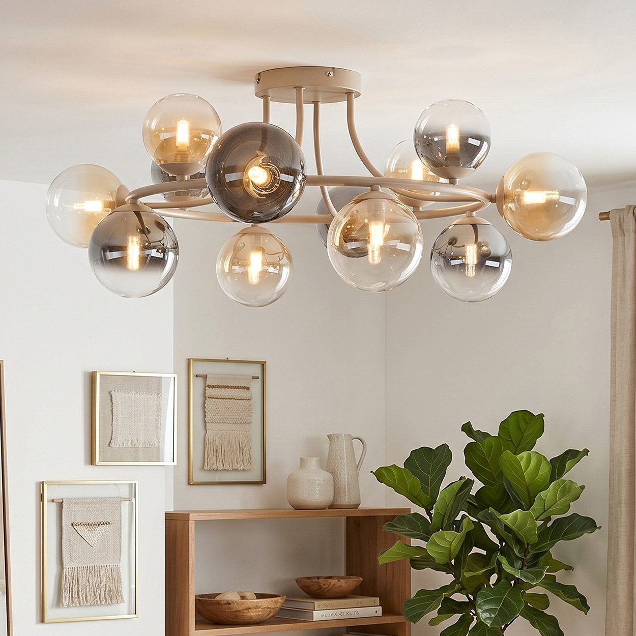 hofstein Deckenleuchte Deckenlampe aus Metall/Glas in Sandfarben/Weiß/Rauch/Bernstein/Klar, moderne Deckenleuchte im Retro/Vintage/Boho-Design, 12 x G9