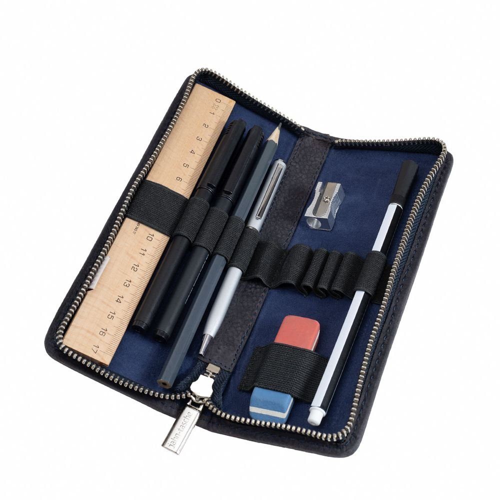 Gr. 012 Schwarz Blau, / Blau Federmäppchen M Jahn-Tasche Kleines Leder Jahn-Tasche Pencilbag Stifte-Etui