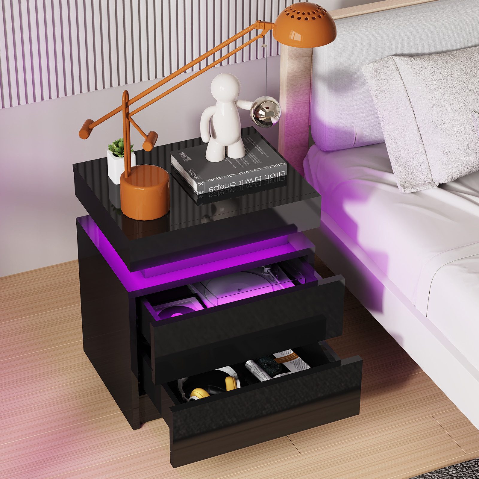 oyajia Nachttisch Hochglanz Nachtschrank mit 2 Schubladen,LED-Beleuchtung 16 Farben (Nachttisch mit LED Streifen, Beistelltisch), Nachttisch mit einstellbare Farben,Sofatisch, 45x35x55 cm Schwarz/Weiß