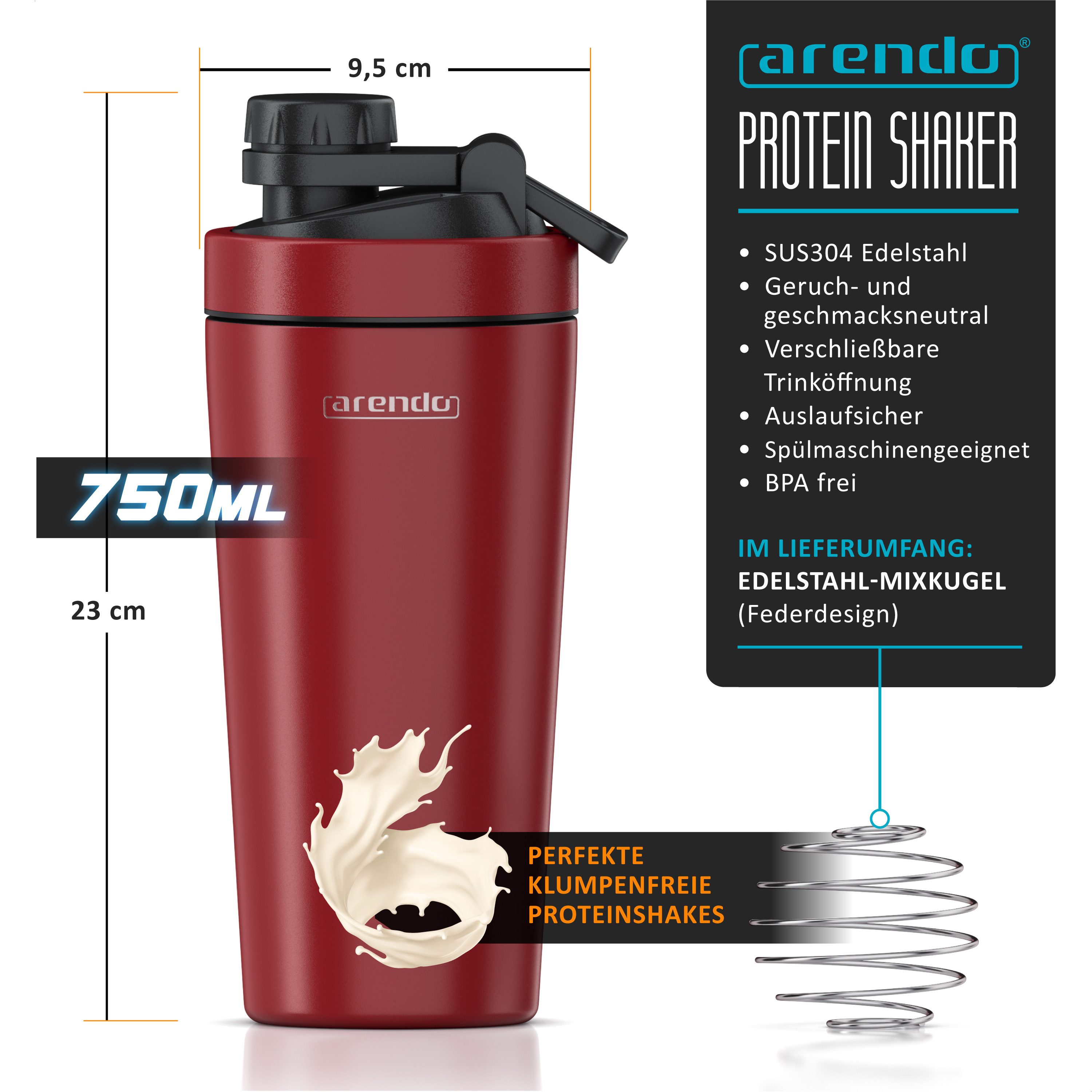 Arendo Protein Shaker Edelstahl Eiweißshaker 750 ml, rot, verschließbar, BPA-frei, Edelstahl, auslaufsicher, spülmaschinengeeignet, mit Tragegriff und Mixball