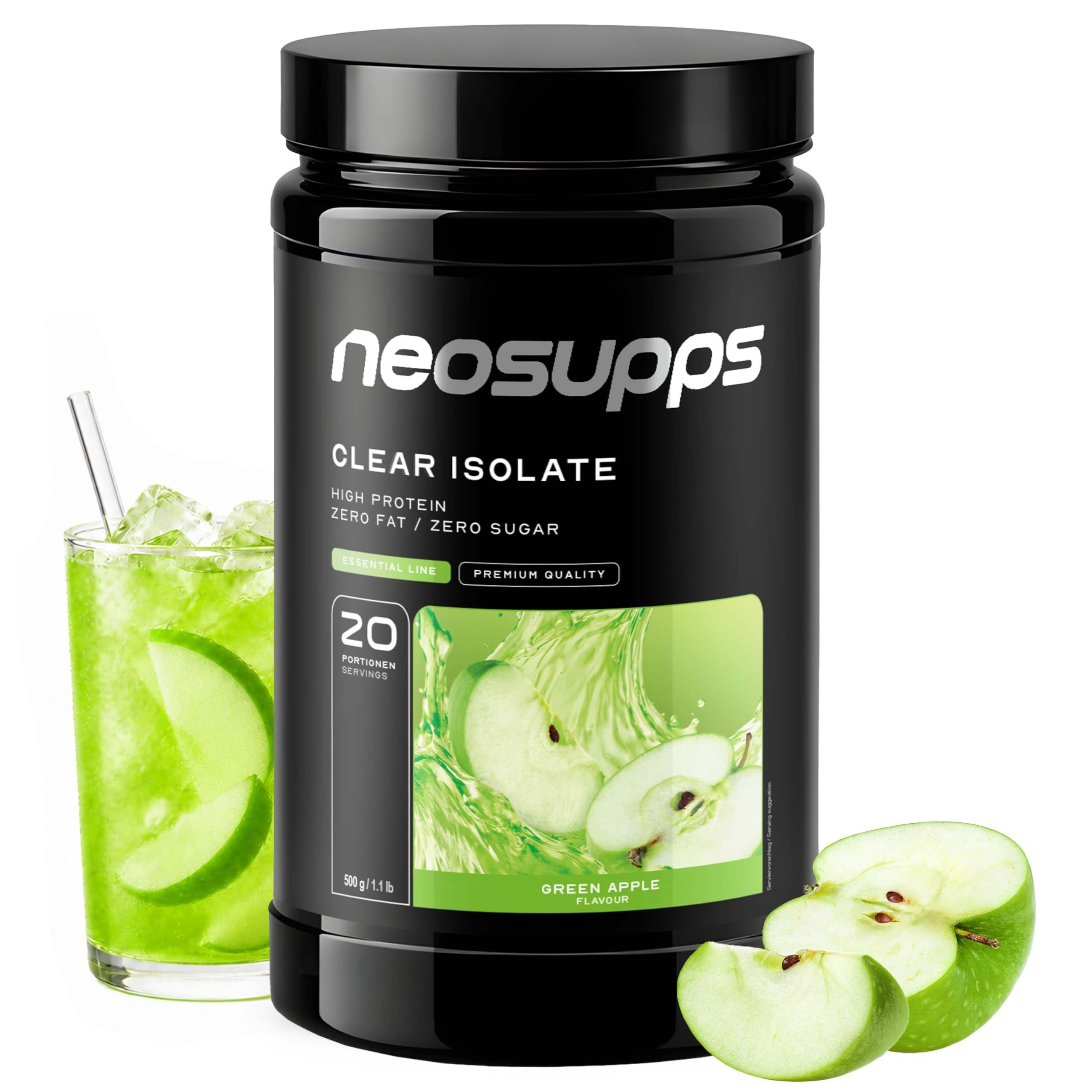 Neosupps Clear Whey Isolat Protein Pulver 500g, Green Apple Geschmack Pulver, 500 g, Made in Germany, Hochwertiger Molkenprotein Isolat