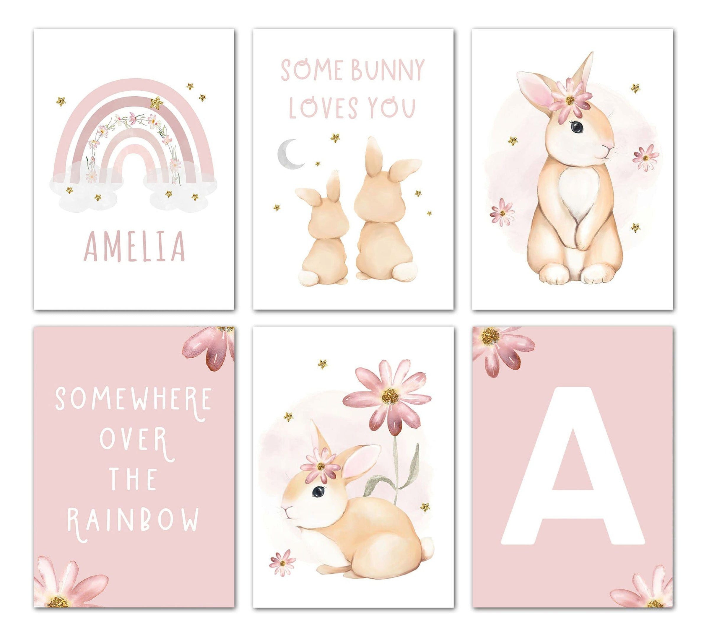 JUSTGOODMOOD Poster Kinderzimmer Regenbogen Hase Name Personalisiert Rosa Kinderzimmer Bil, C (1 St)