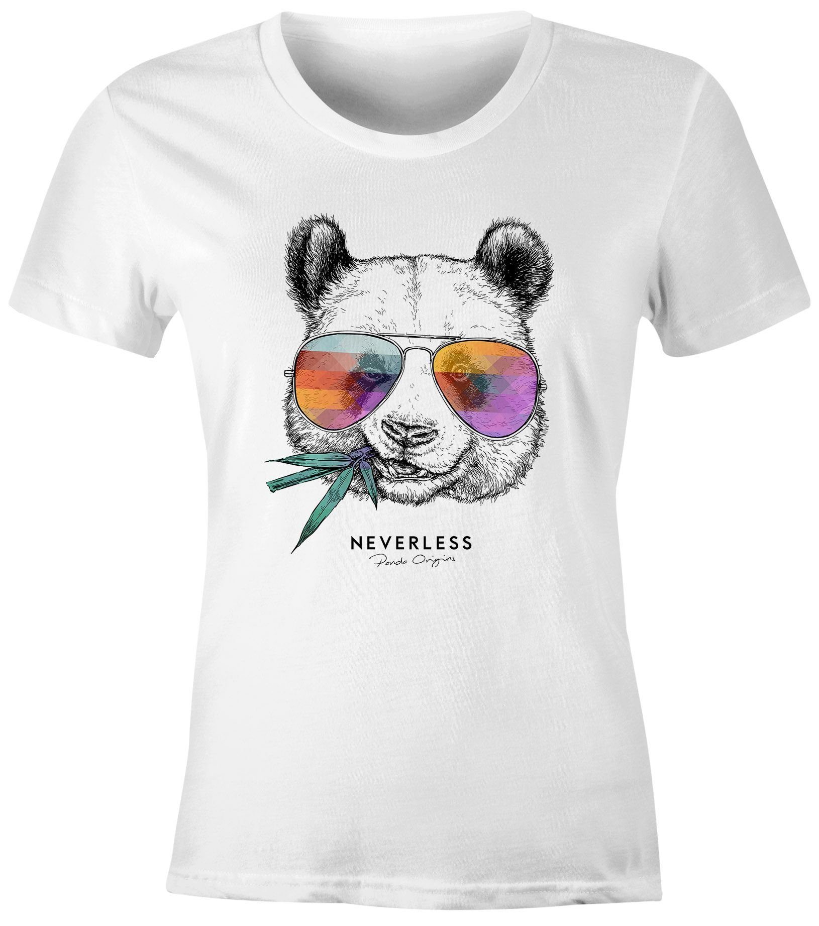 Neverless Print-Shirt Damen T-Shirt Panda Bär Aufdruck Tiermotiv mit Sonnenbrille Fashion Streetstyle Slim Fit Neverless® mit Print