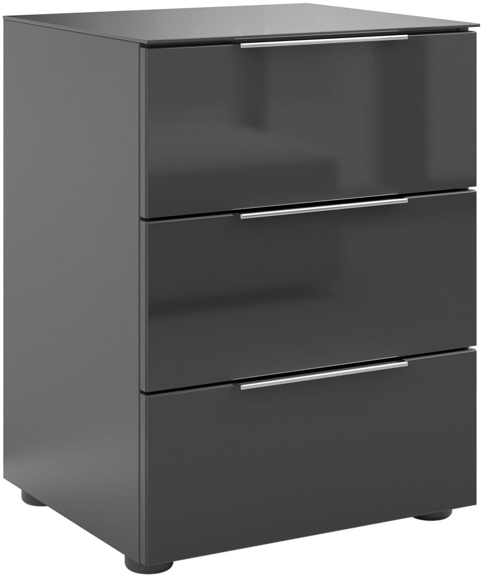 Manjana Möbel Nachtkommode mit Chrom oder Schwarz matten Metallgriffen, mit Glasfronten, melaminbeschichtete Oberfläche, mit Vollauszug