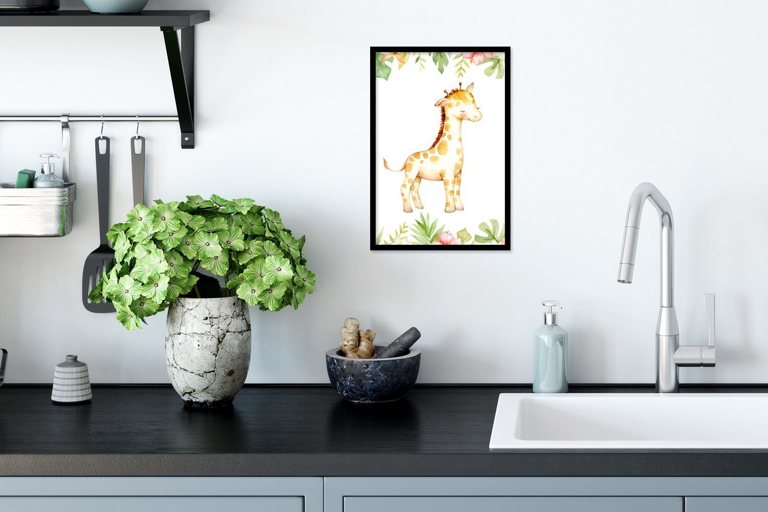 Wandposter, - Bilder, Poster Aquarell, (1 Dschungel St), MuchoWow - Poster, Wanddeko, Giraffe Bilderrahmen Schwarzem Gerahmtes