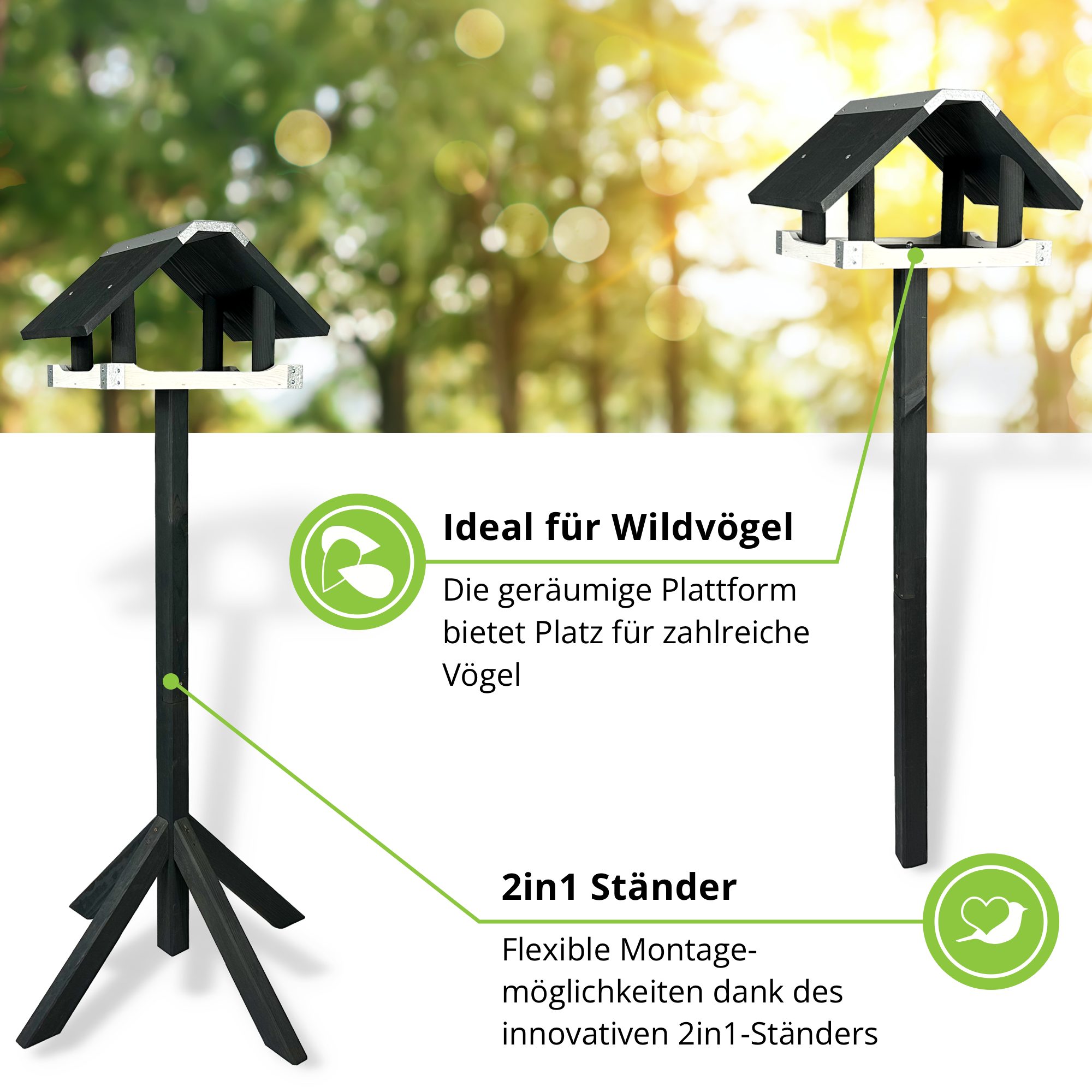 gartenetage Vogelhaus Modernes Vogelhaus & 2in1 Ständer aus Kiefernholz, Wetterfest, Robustes Design mit Metallabdeckung