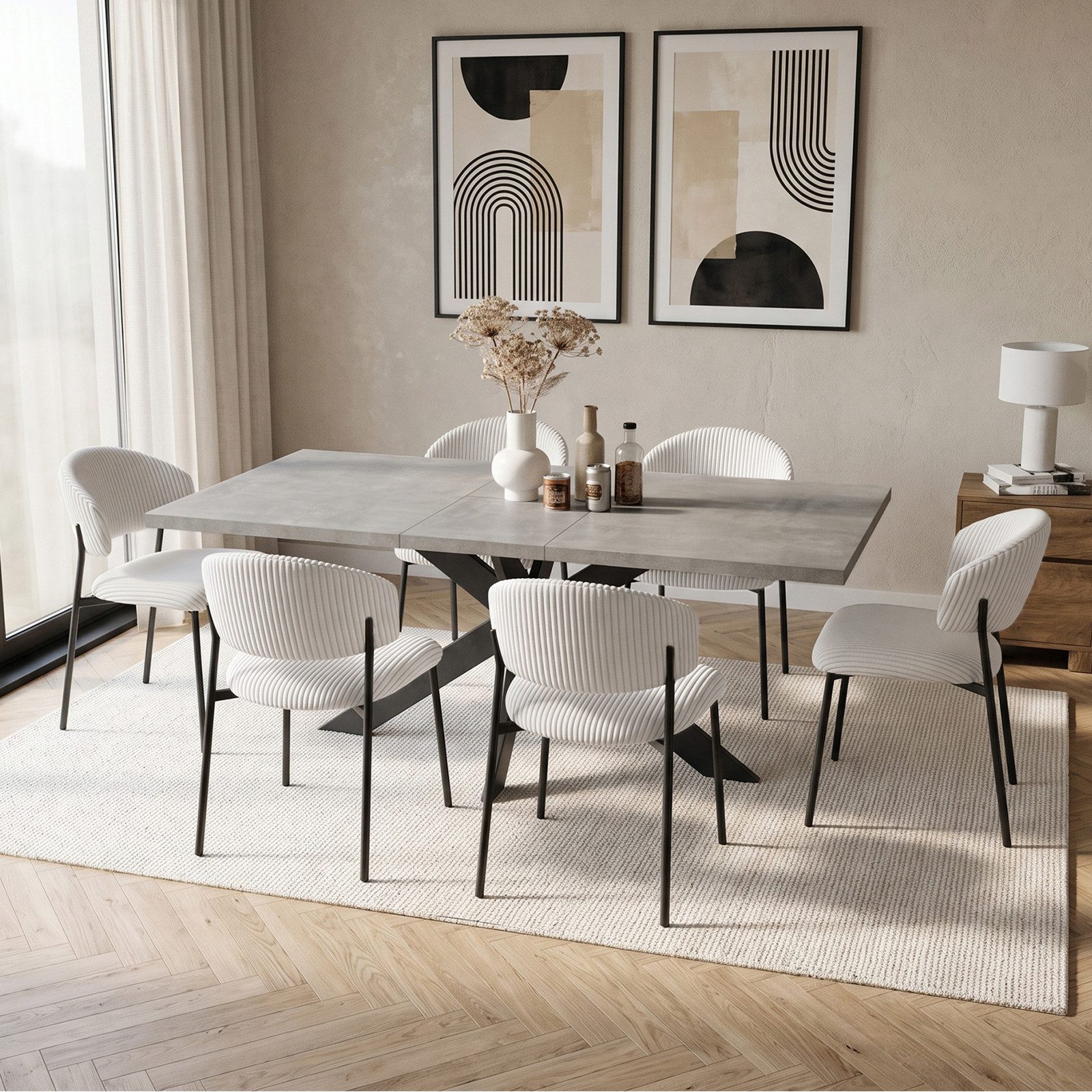 Jiexi Essgruppe Ausziehbarer Esstisch 160-200cm MDF Rhein Set Cord Stühle