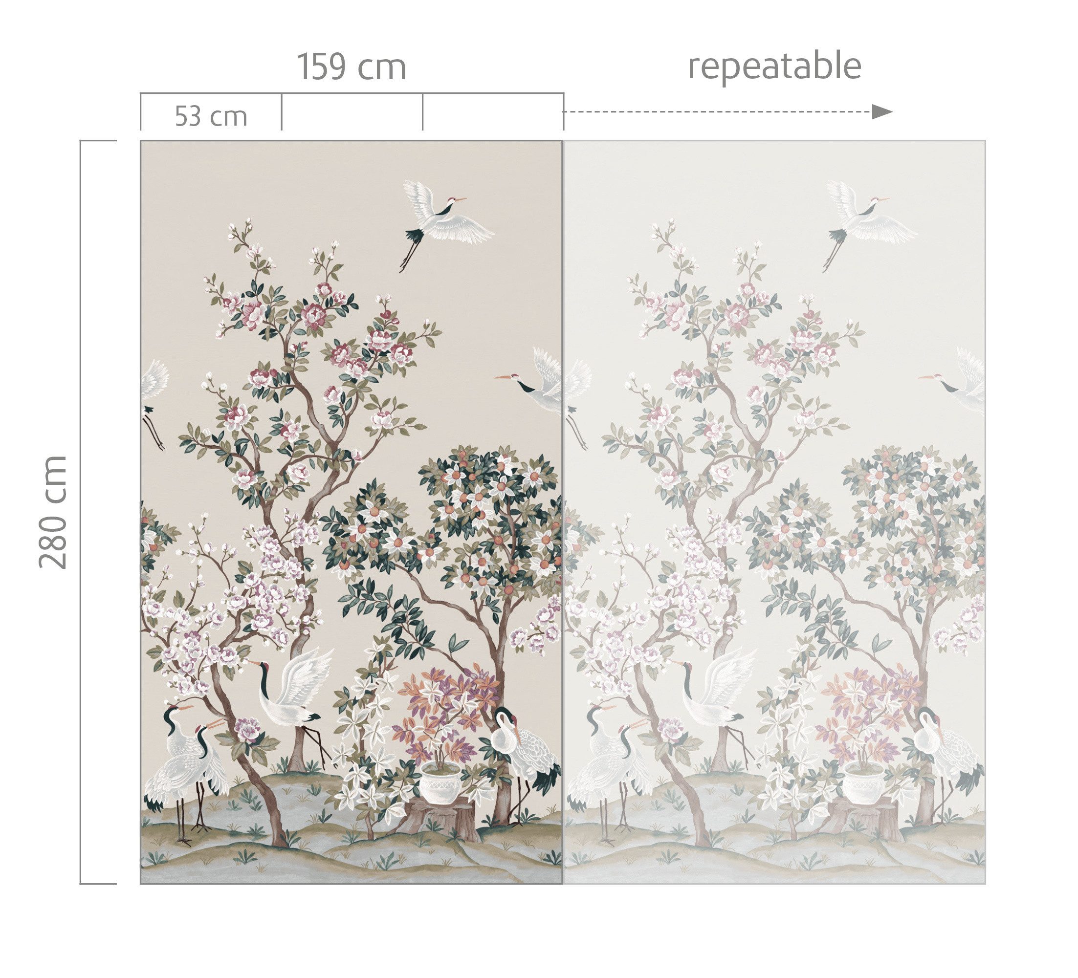 Rasch Fototapete mit Kranichen und Blumen in Beige - 2,80m x 1,59m - Noble Zen, strukturiert, asiatisch, botanisch, (1 Rolle, 1 St), Kirschblüten