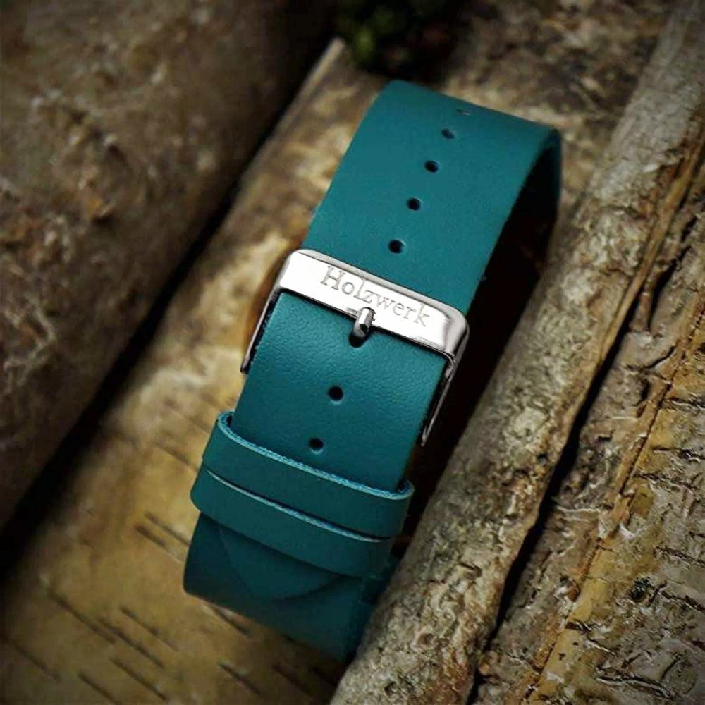 Holzwerk Quarzuhr KAHLA große Damen Leder & Holz Armband Uhr, türkis blau, braun KAHLA