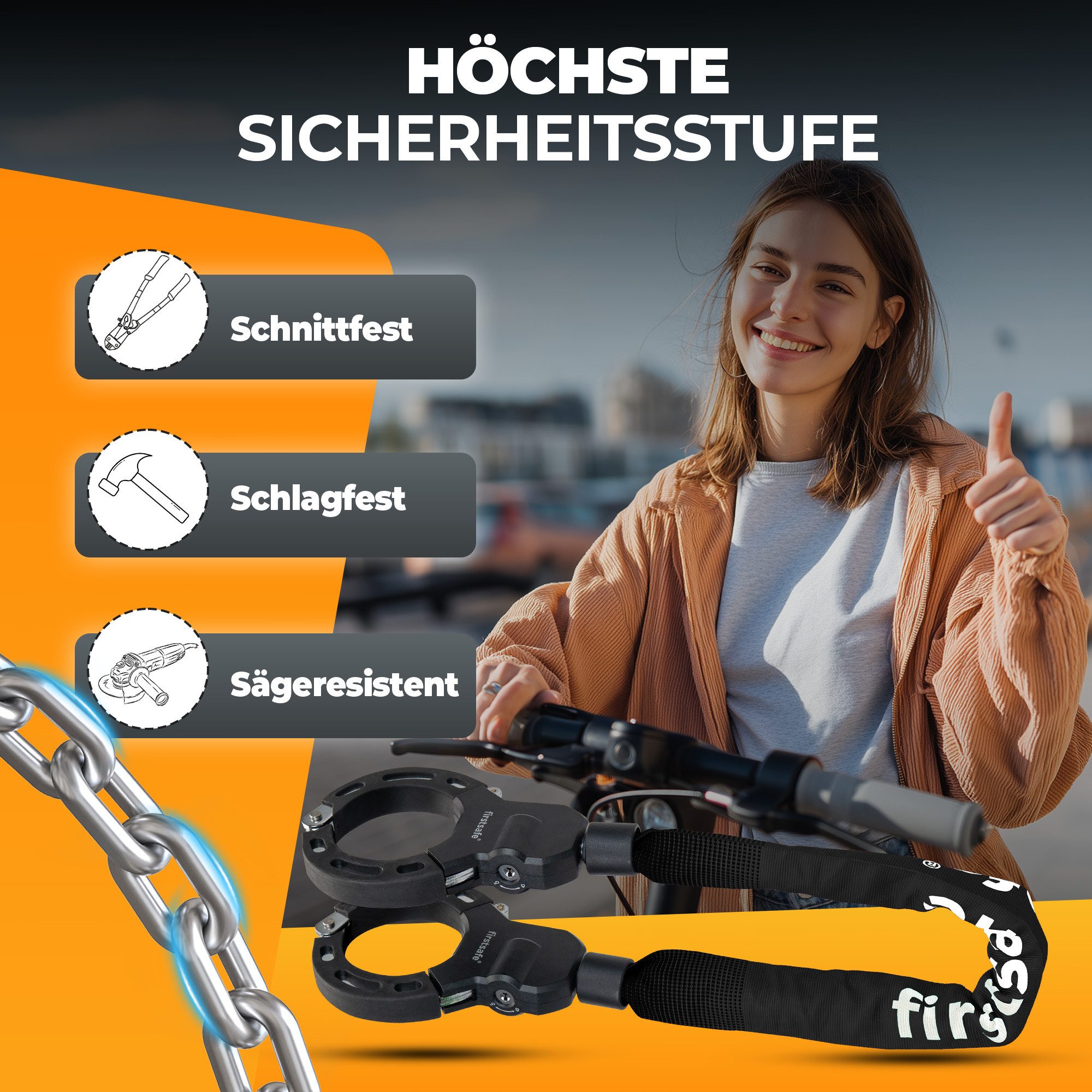 firstsafe Kettenschloss Handschellenschloss für E Scooter Schloss und Fahrrad mit Tasche (Set, Schloss + Tasche, 3 Schlüssel), Inklusive Scooter-Tasche – Bild 4 von 5