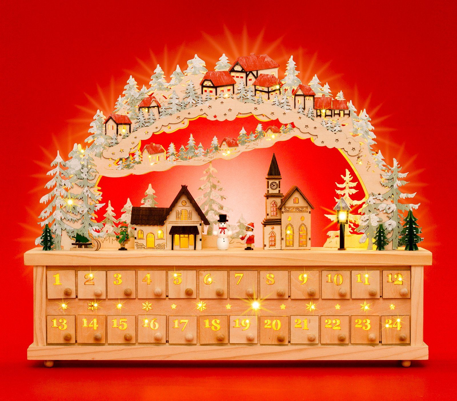 SIKORA Schwibbogen LB80 Winterdorf Adventskalender XXL LED und 24 Schubkästchen – Bild 2 von 4