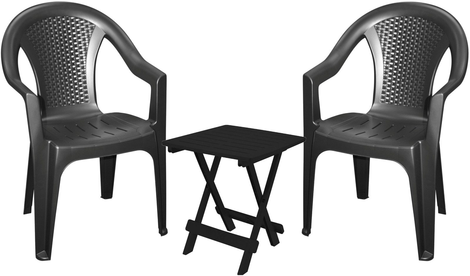 Progarden Sitzgruppe Gartenmöbel Sitzgruppe Balkonmöbel Terrasse Schwarz, (Set, 3-tlg., Beistelltisch + 2 Stapelstühle), UV-Beständig, Robust, Wetterfest, Made in Italy, Hochwertig