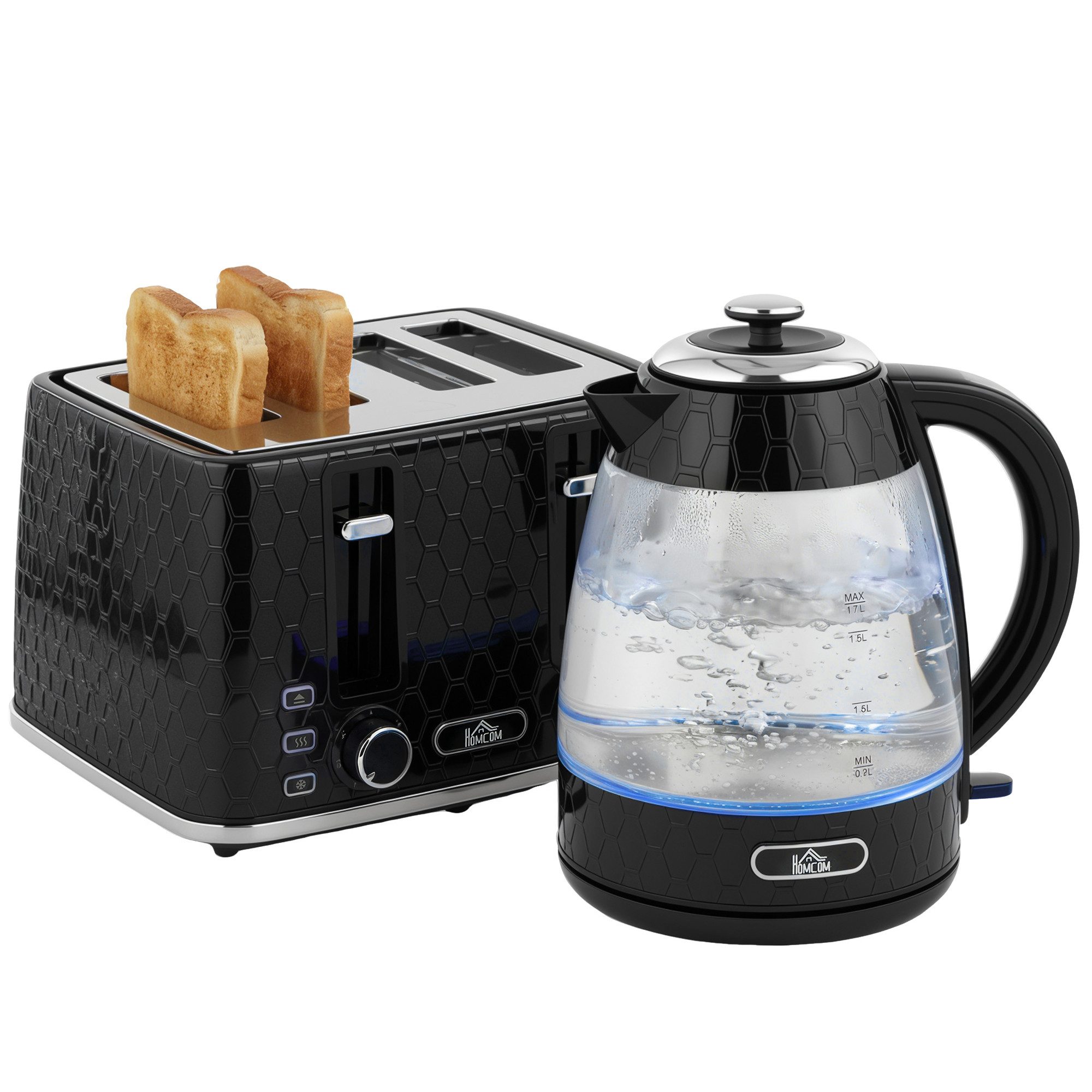 HOMCOM Frühstücks-Set Wasserkocher mit Kalkfilter, Toaster mit Krümelschublade (2-tlg), Toaster und Wasserkocher Set in Schwarz – Bild 2 von 5