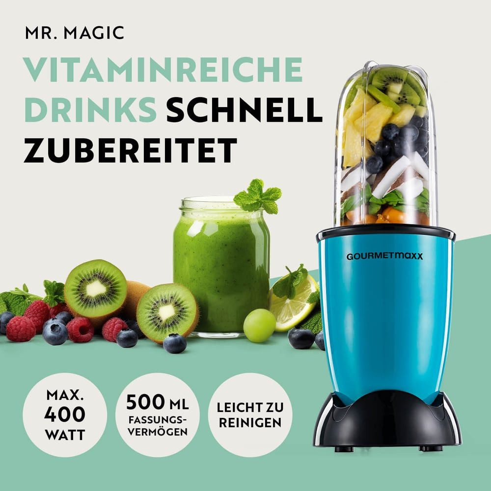 GOURMETmaxx Standmixer Mr. Magic 4-tlg. 400W grün/schwarz, 400 W, Elektrischer Mini-Mixer 500ml pürieren Smoothies Shakes Cocktails