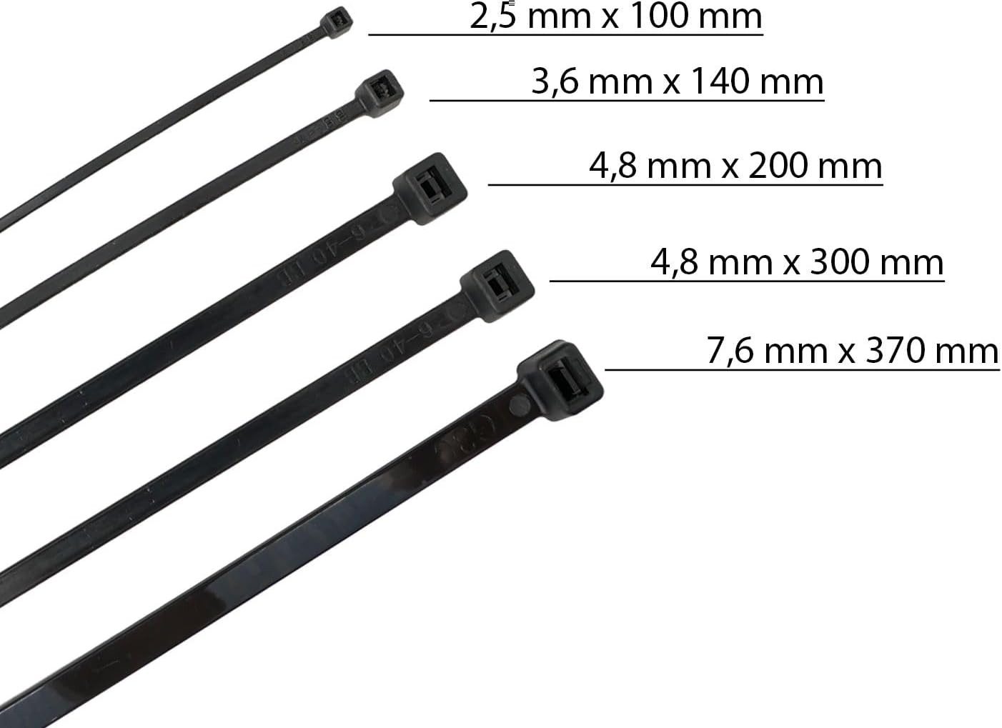 HORZEFIX Kabelbinder set schwarz lang uv beständig Universalbinder 2,5, 3,6, 4,8, 7,6 breit (Packung, 500-St., VPE= 5 x 100 Kabelbinder im Polybeutel) Temperaturbeständig/wetterfest