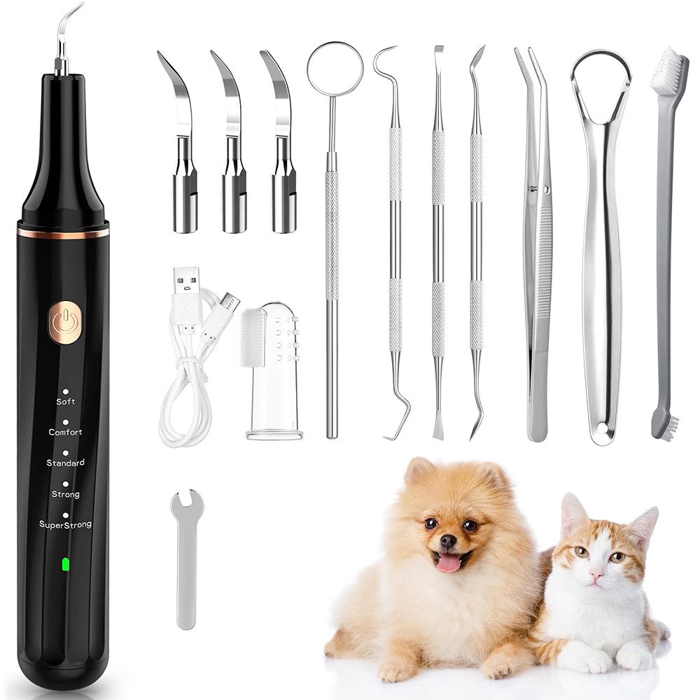 TUWENA Mundpflegecenter Zahnreiniger Ultraschall für Hund und Katze, Zahnpflege Set, mit LED, 5 Modi, 4 Reinigungsköpfe, 1 Mundspiegel, 1 Pinzette, 1 Zungenschaber