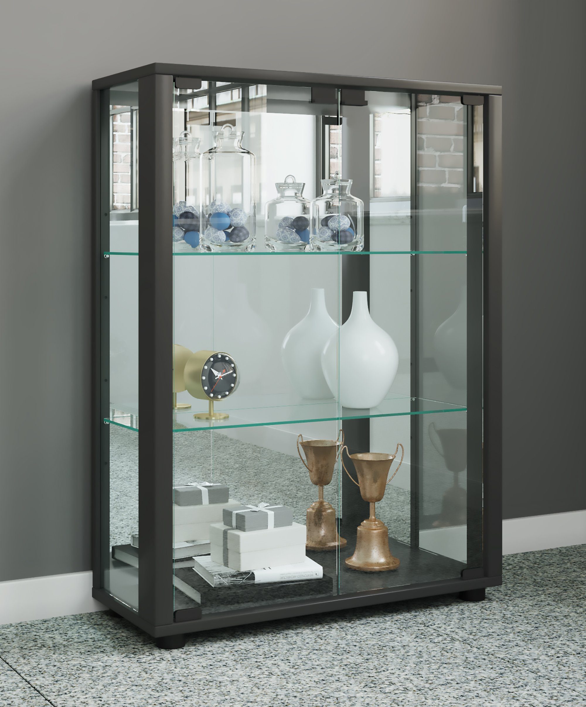 VCM Standvitrine Glasvitrine Sintalo mit Glastüren, Spiegel und Glasvitrine stehend, Modern und platzsparend, Glasschrank