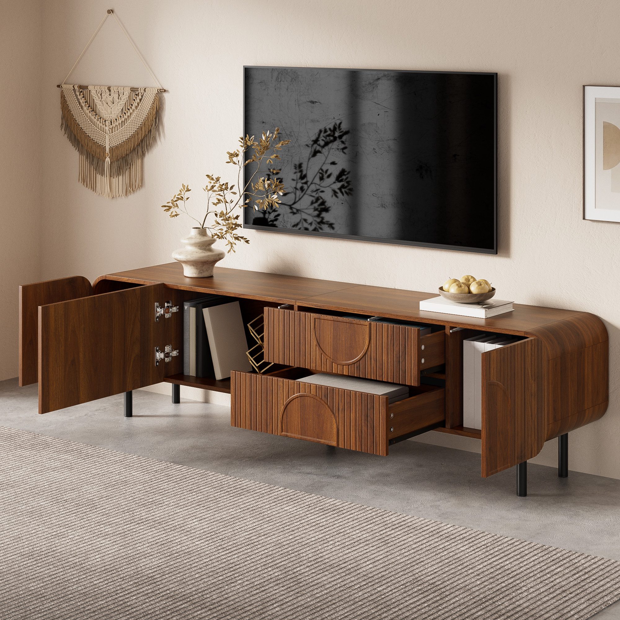 MODFU TV-Schrank 180x47,5x40 cm Fernsehtisch im Mid-Century Design mit Rillenoptik (Packung, 1-St., 3 Türen & 2 Schubladen, bogenförmige Akzente) Abgerundete Ecken, Metallfüße & Kabelmanagement