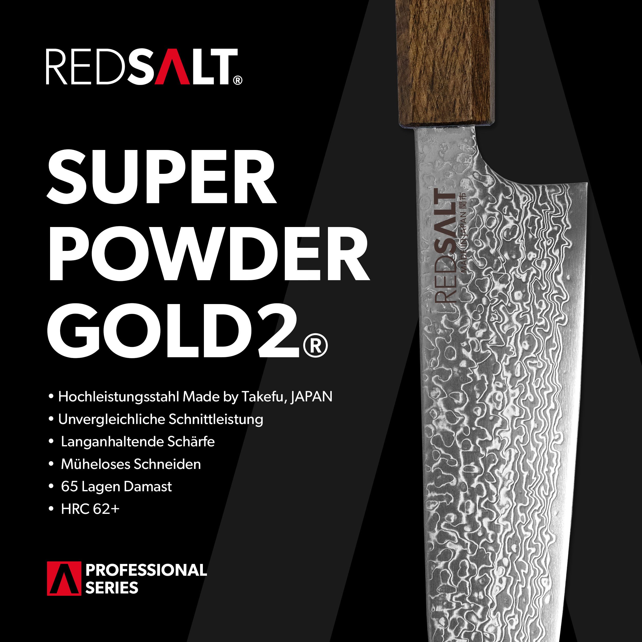 REDSALT® Damastmesser SANTOKU  17cm SPG2 Damaststahl Kochmesser handgefertigt, TAKEFU SPG2 Kern, 65 Lagen, rostfrei, Made in Japan