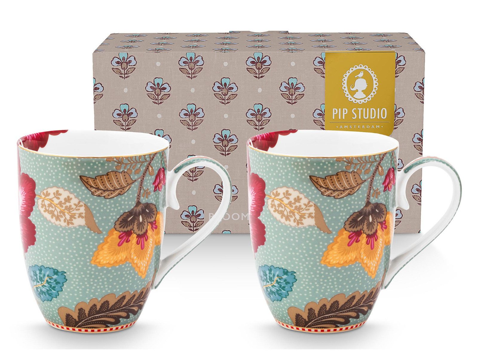 PiP Studio Becher Blooming Tales Fantasy Blue Henkelbecher Large 0,54l Set2, Porzellan