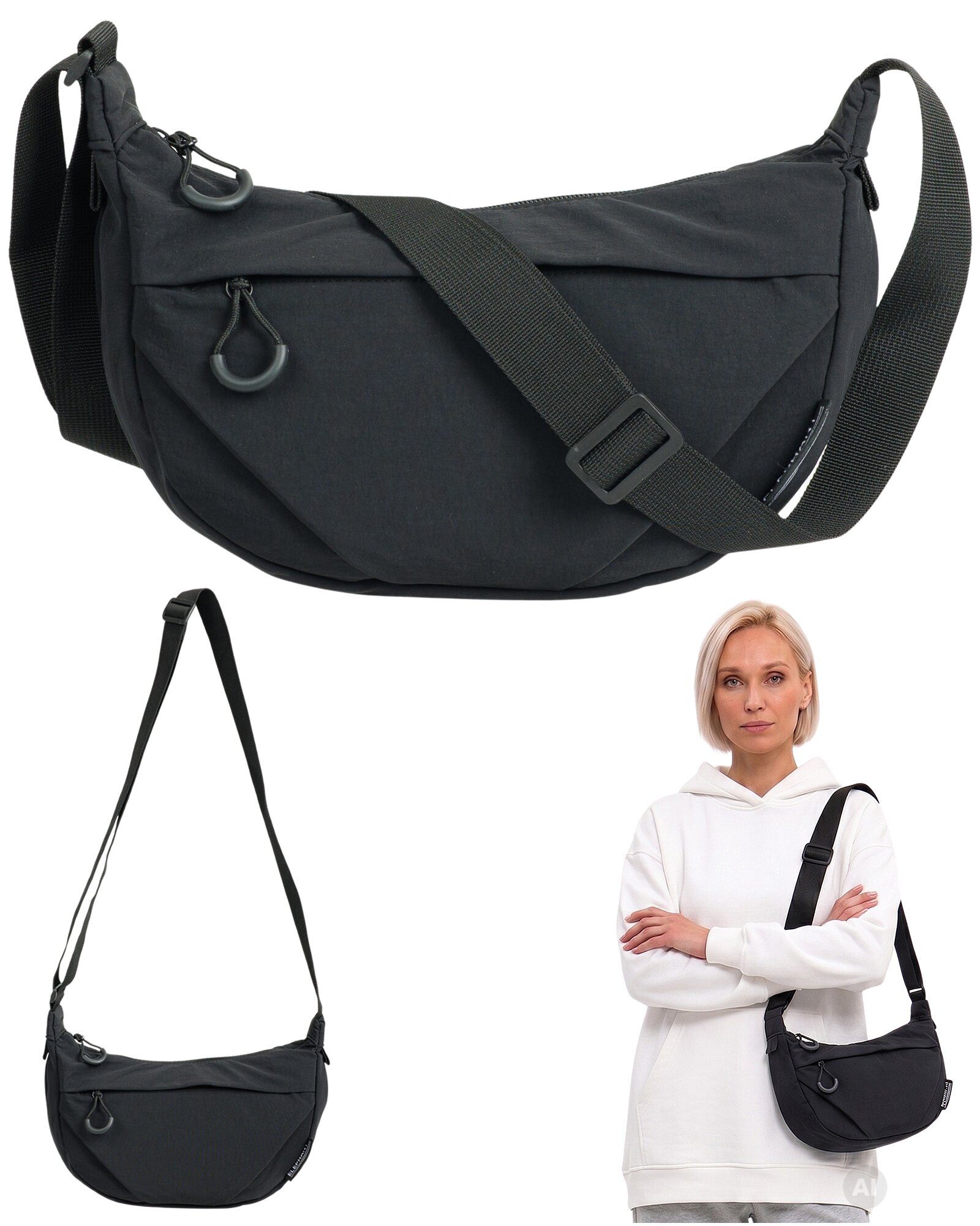 ELEPHANT Handtasche Crossbag Moon Bag Schultertasche Slingbag klein, Damentasche Damen Freizeittasche Umhängetasche Halbmond 3732 + Etui