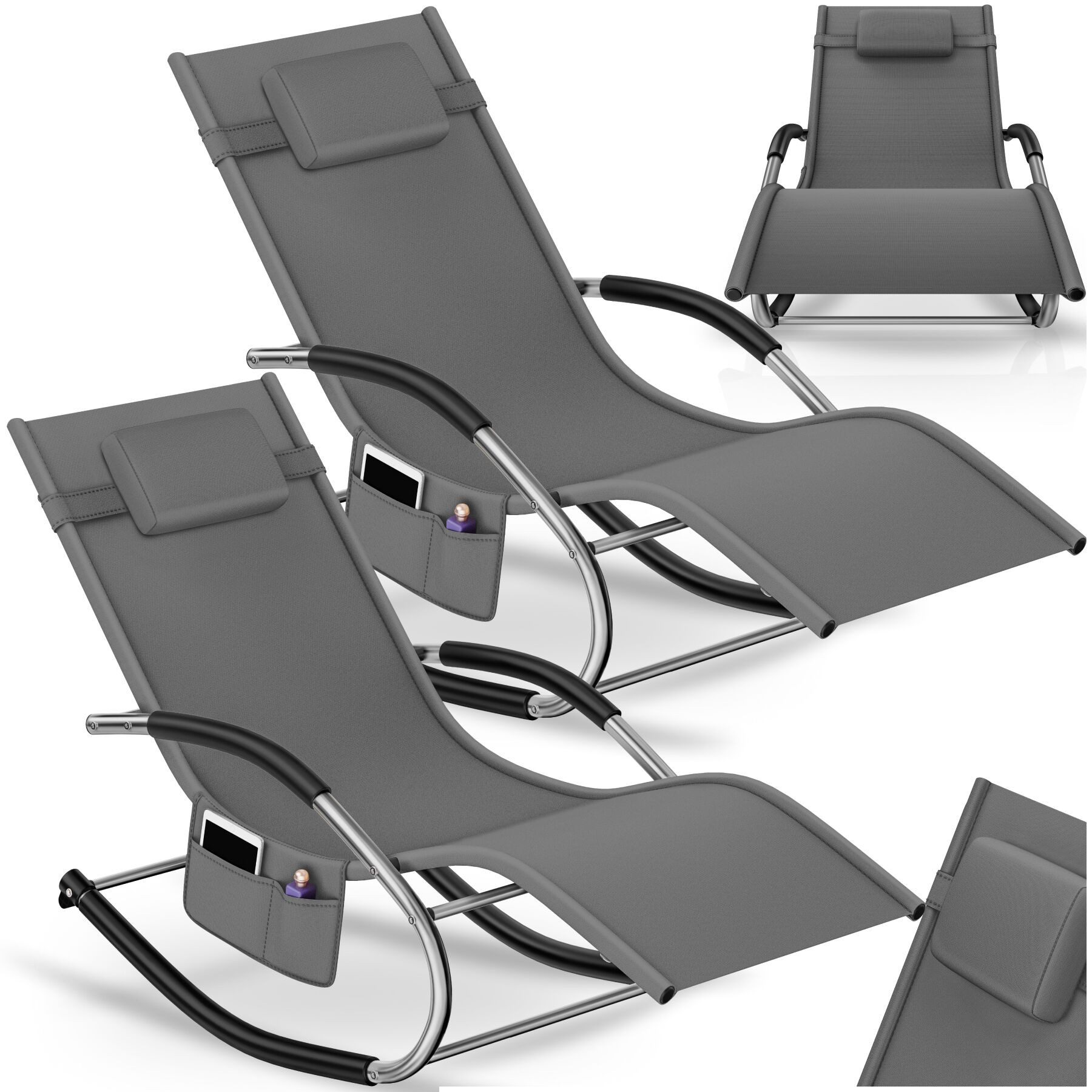 tectake Gartenliege Relaxliege ergonomisch wetterfest mit Kopfkissen, Belastbarkeit 150, Terrassenliege Taya, 2 St., in Grau, Seitentasche, geschwungene Armlehnen, atmungsaktives Textilene-Gewebe