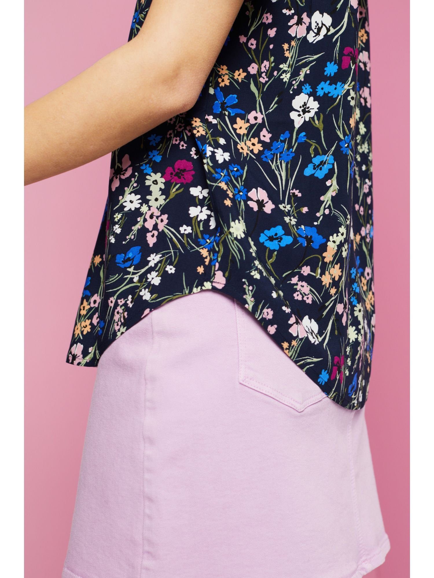 Kurzarmbluse Bluse geschlitztem mit Esprit NAVY Florale Ausschnitt