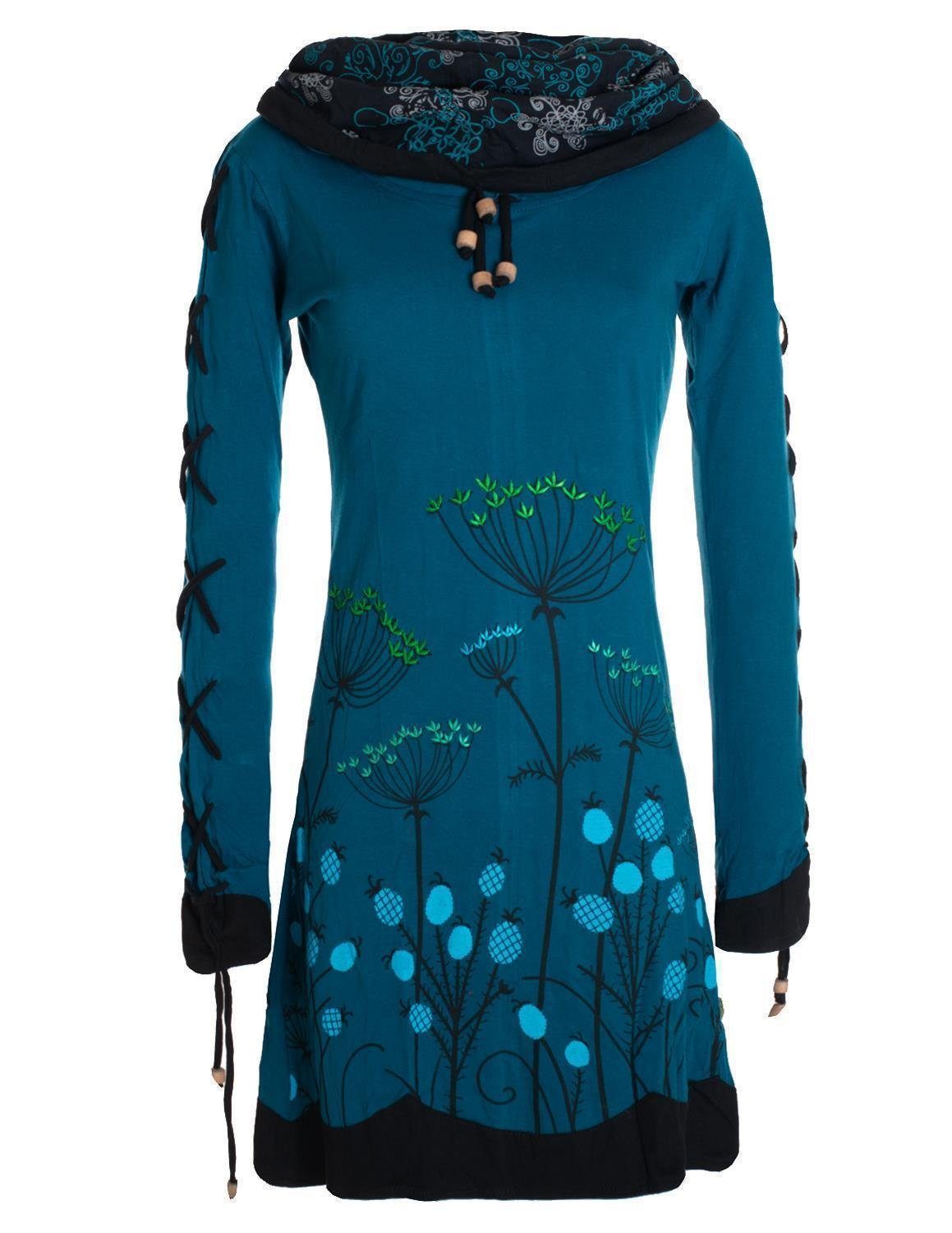 Vishes Jerseykleid Blumenkleid Langarm-Shirtkleid mit Schalkragen Hippie, Boho, Elfen Style türkis