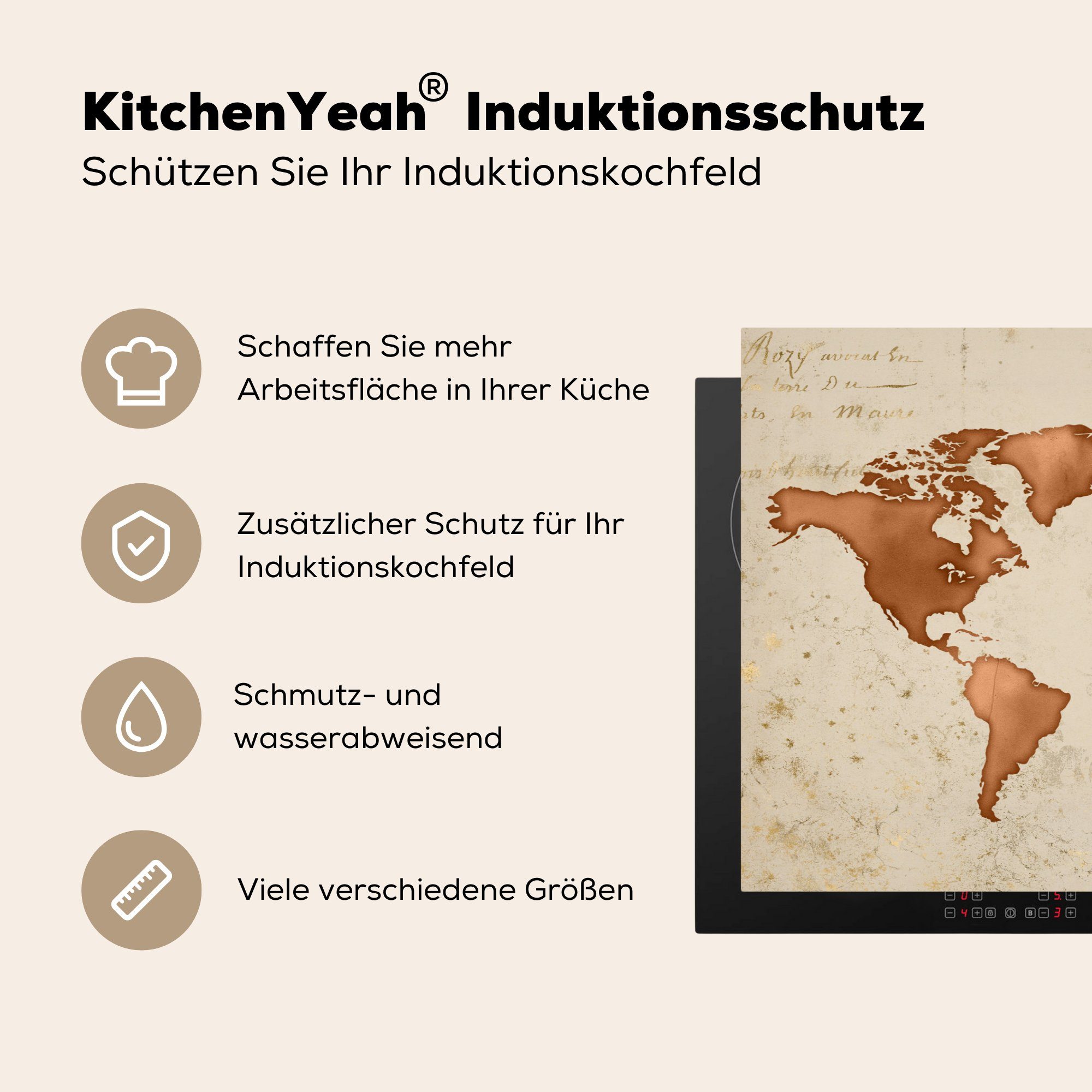 MuchoWow cm, 81x52 Ceranfeldabdeckung Schutz tlg), Weltkarte die - (1 für Vinyl, Herdblende-/Abdeckplatte Kupfer, küche, Papyrus - Induktionskochfeld