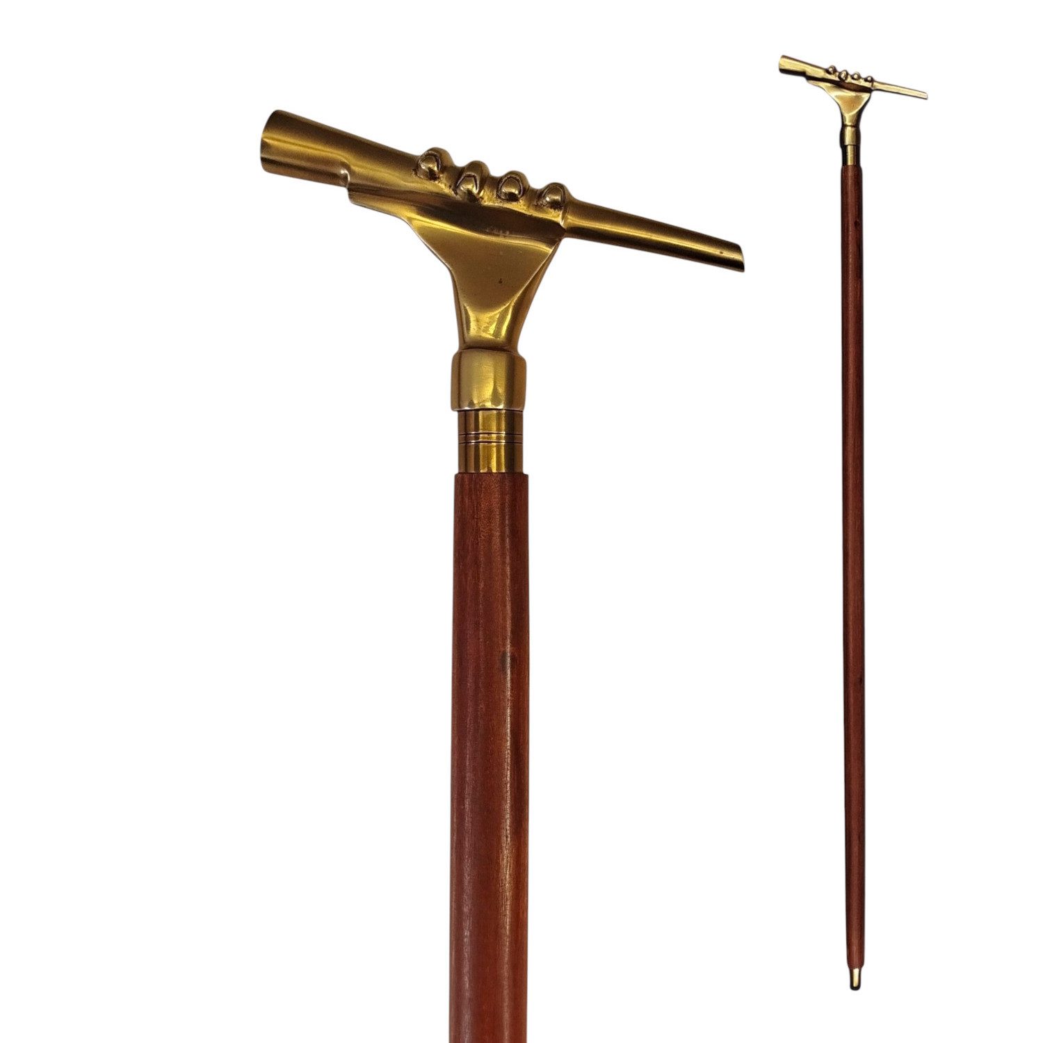 FTWdesign Frackstock Hand mit Fernrohr Spazierstock aus Holz mit goldenem Griff aus Metall
