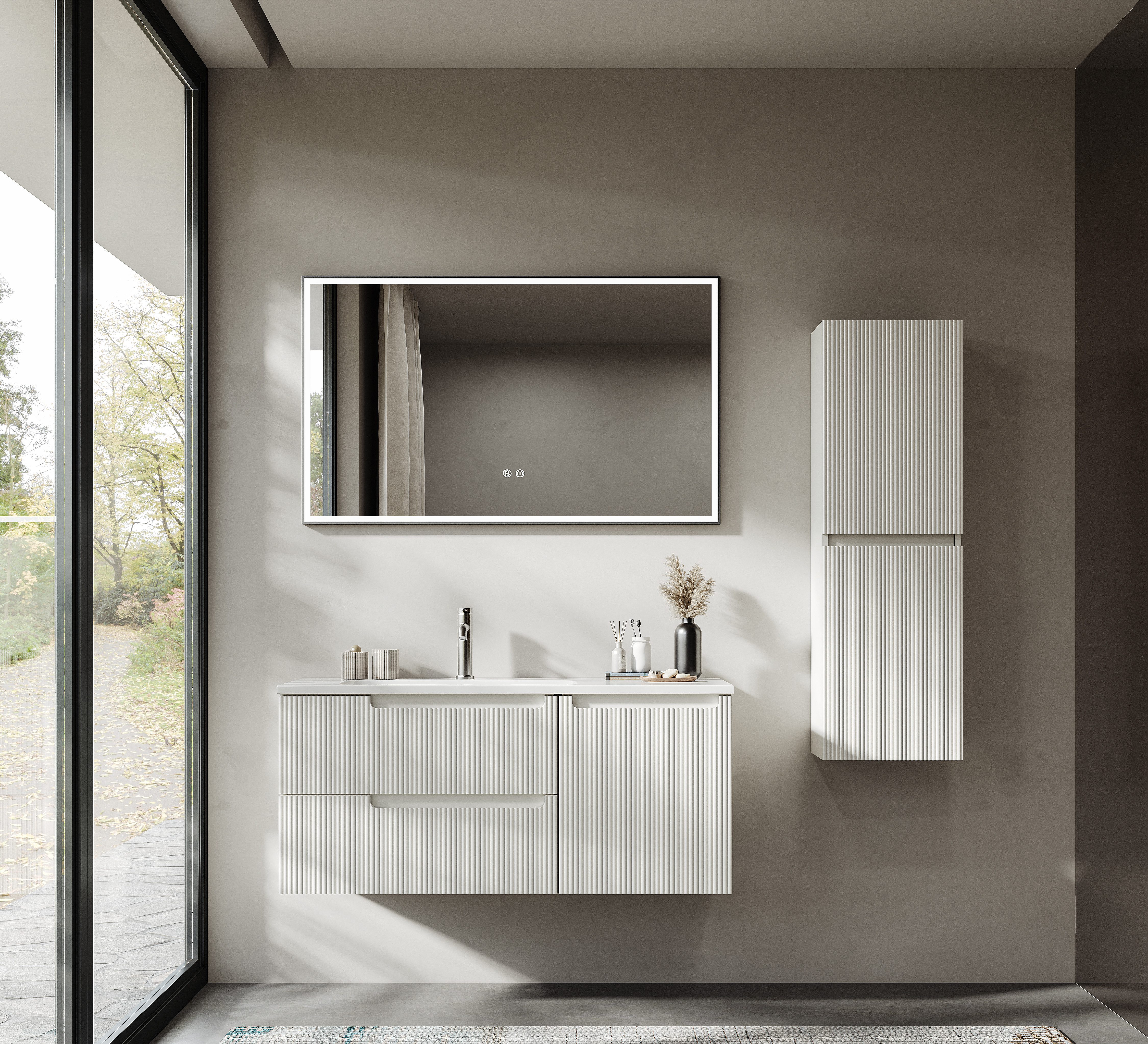 BRIDGE BENO Badmöbel-Set 100 cm Hängeschrank mit Mineralharzspüle, 2 Schubladen und Tür, Ultradünn, Soft-Close, Gerippter Akzent, Geeignet für große Badezimmer