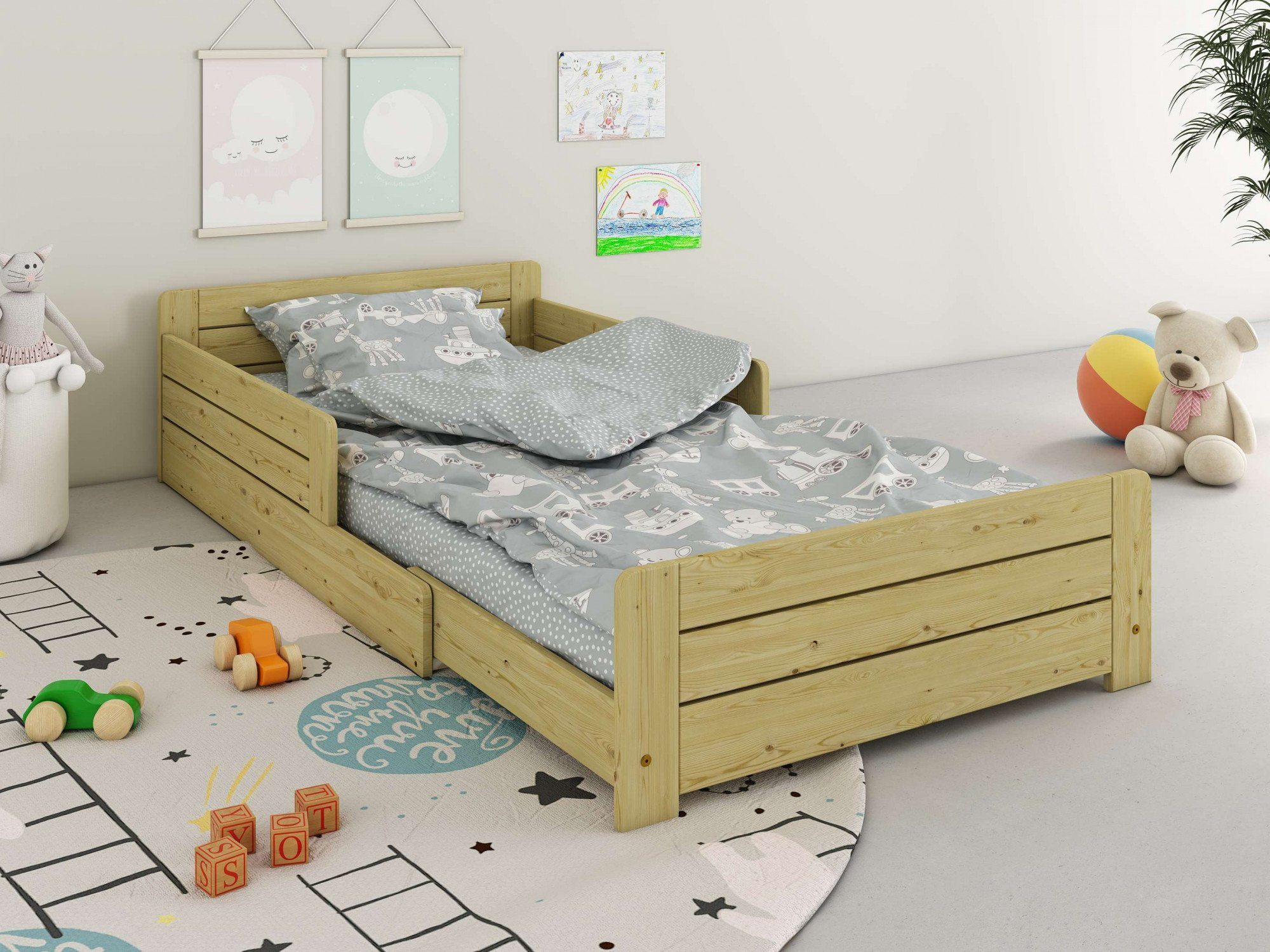 Lüttenhütt Kinderbett " Kinderbett, ausziehbar, " Liegefläche ANNEKE 140cm-200cm Montessori Stil, Bodenbett,im Massivholz von zertifiziertes