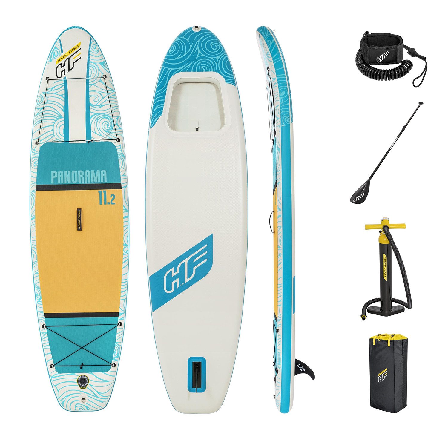 Bestway SUP-Board Hydro Force® Panorama, Touring, (Set, 1 tlg., Inkl. Doppelhubkolbenpumpe, 217 cm Aluminium-Paddel, Transportrucksack), 340 x 89 x 15 cm