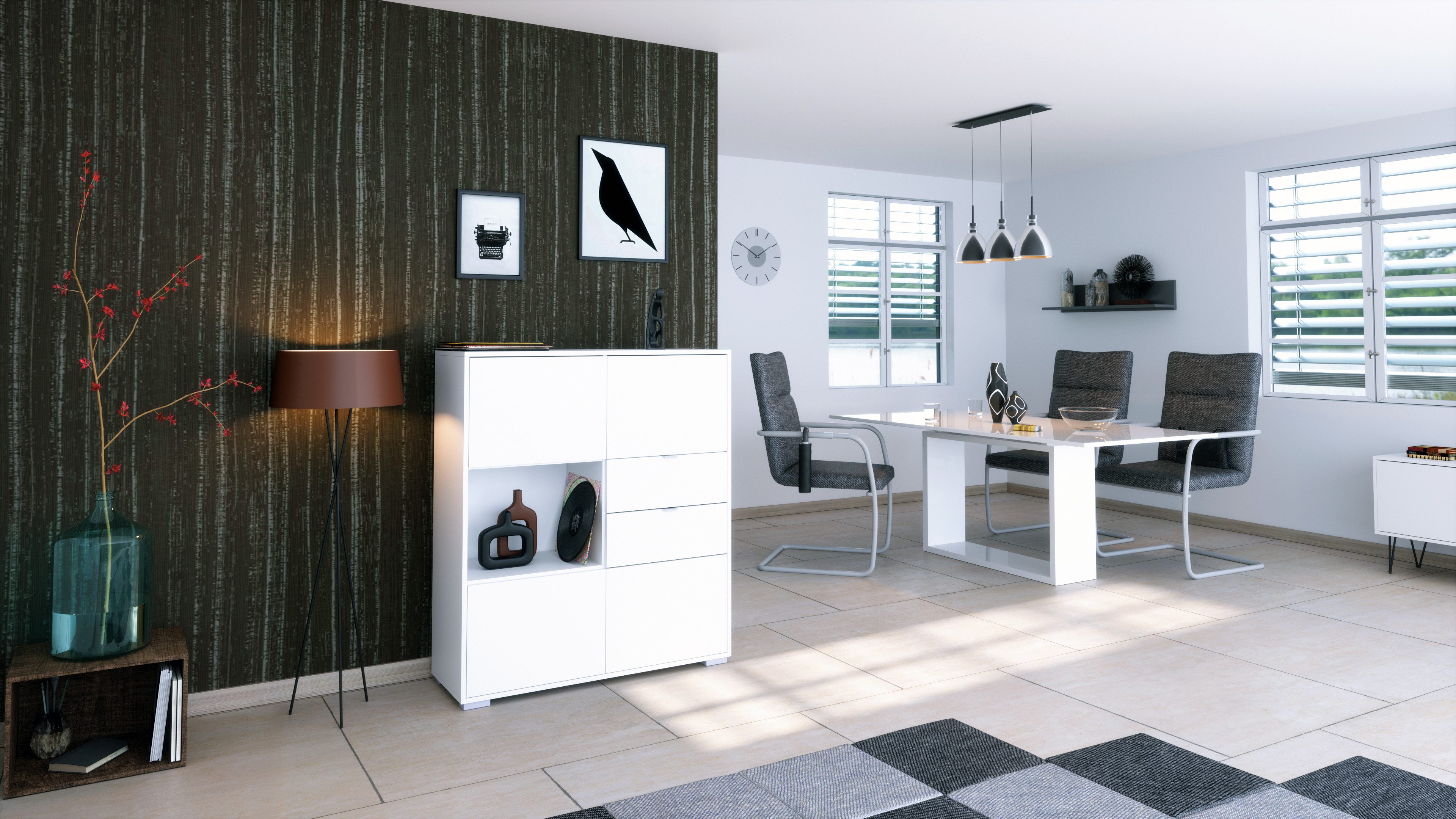 Vladon Highboard Milano V1 (Highboard mit 4 Tür Weiß matt, 2 Schubladen Weiß matt, Made in Germany), Korpus Weiß matt (103 x 118 x 37 cm)