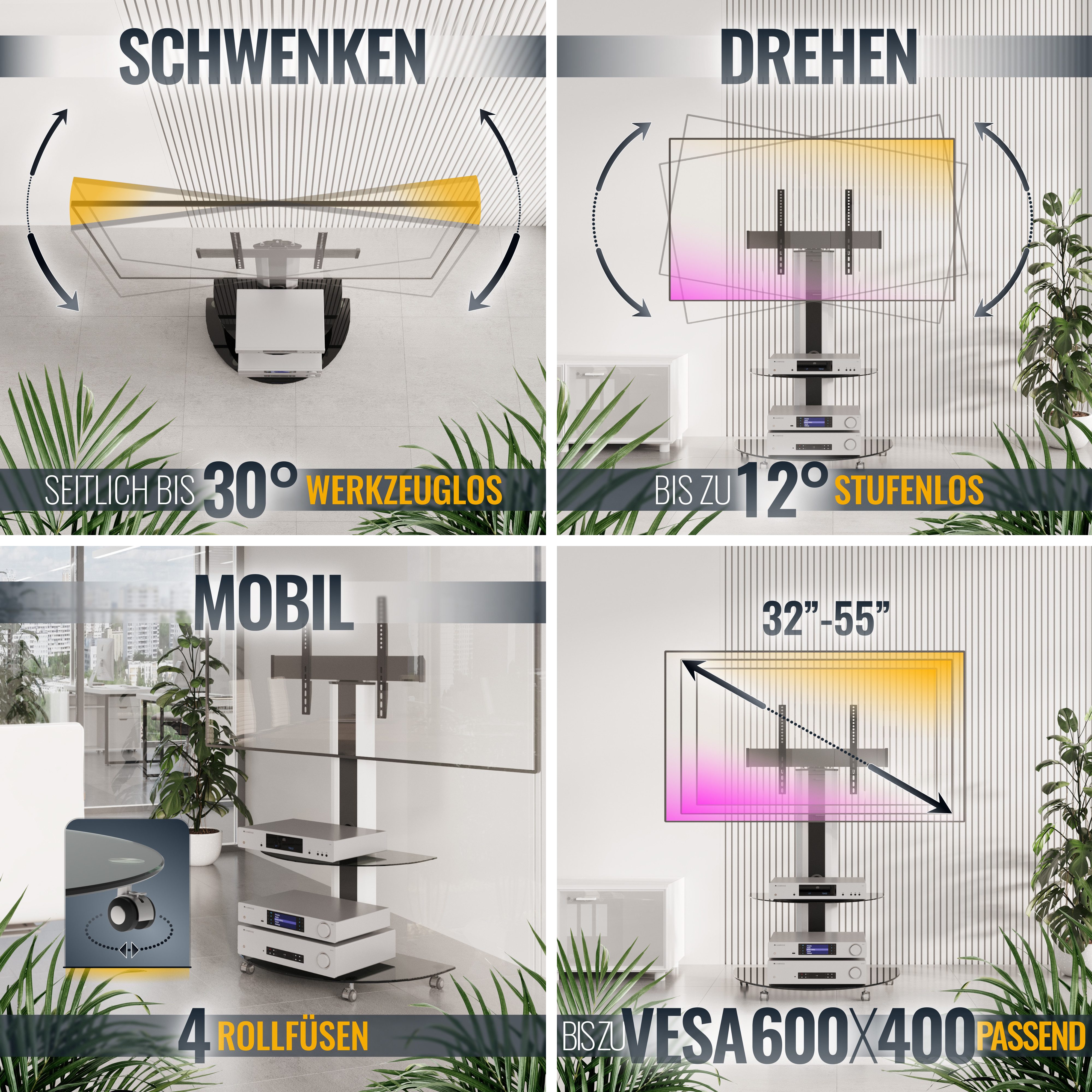 RICOO TV-Ständer Mobiler TV-Ständer modern und schwenkbar mit Glas-Ablagen FS0502, (bis 55 Zoll, bis VESA 600x400, 1-tlg., 30 kg Belastbarkeit, für 30 Zoll bis 55 Zoll Bildschirm-Diagonale, TV Standfuß mit Rollen Fernseher Stativ rollbar schwenkbar drehbar)