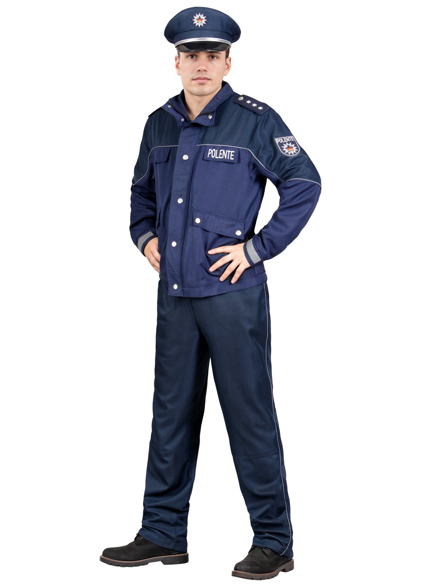 Maskworld Polizei-Kostüm Polizei Kostüm - Karneval Faschingskostüm Herren, Blaue Polizisten Uniform mit Aufdruck 'Polente'