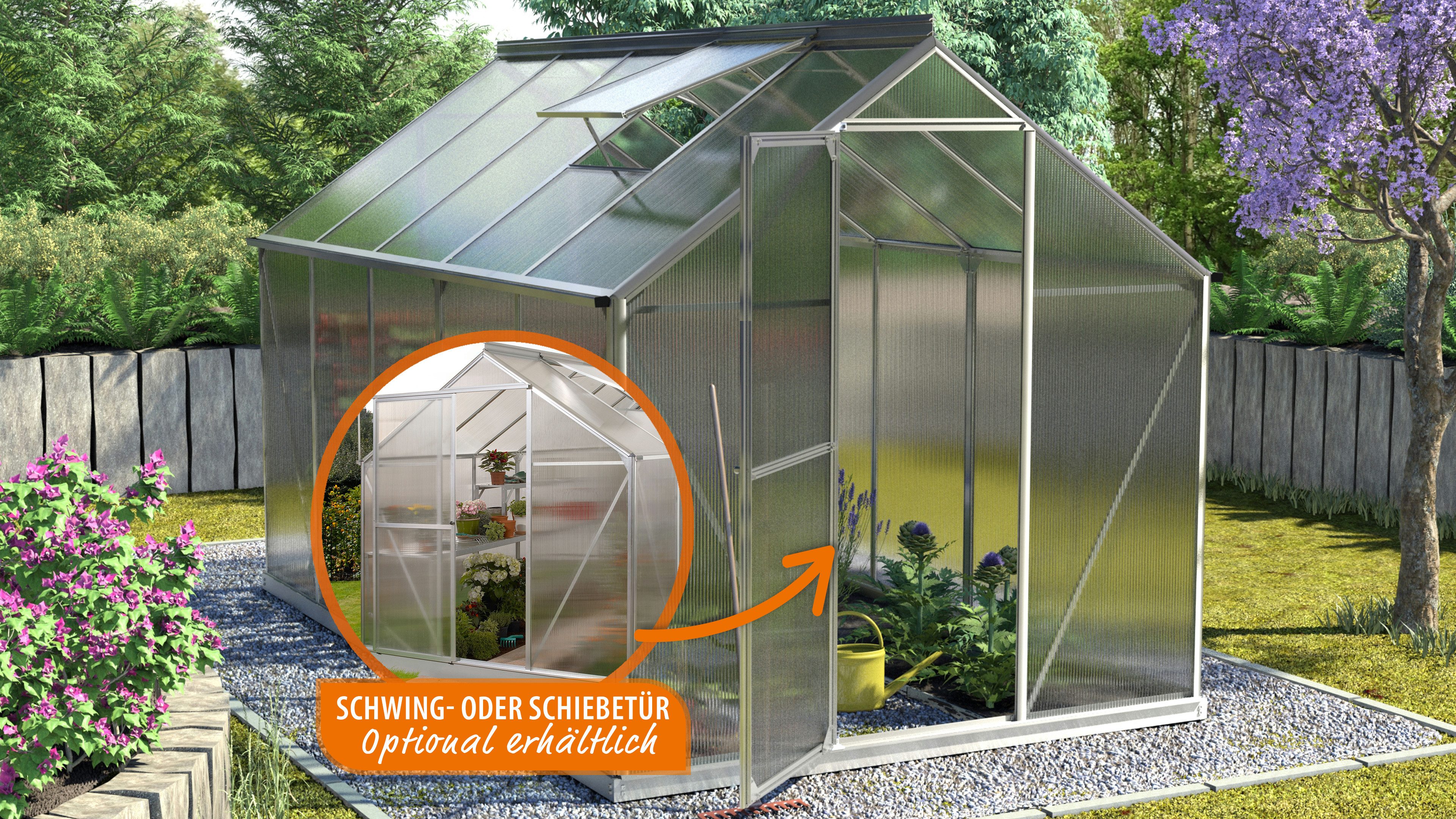 Vitavia Gewächshaus Eos 7500, 4 mm Wandstärke, in 4 oder 6 mm HK, mit umbaubarer Tür, inkls. Regenrinne