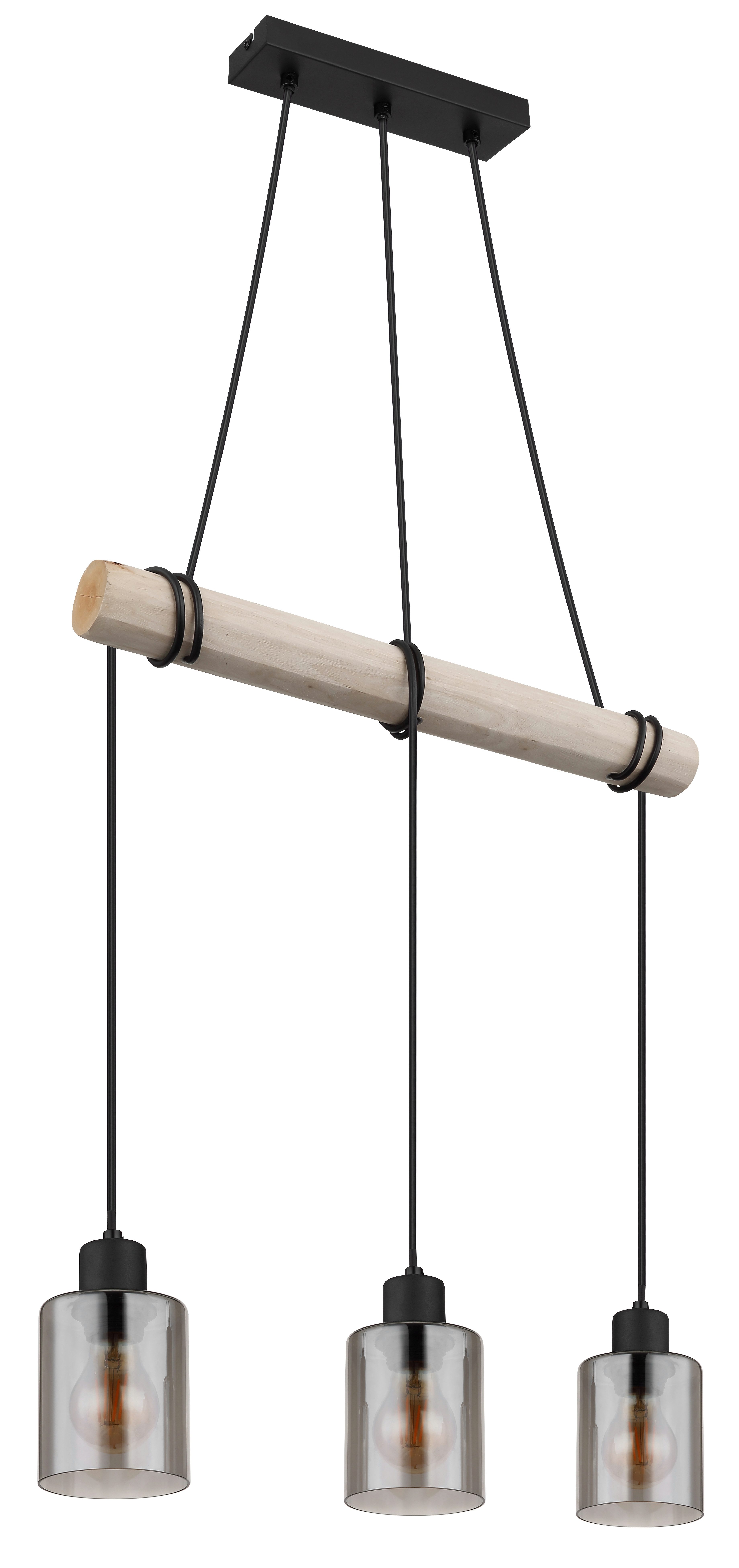 GLOBO LIGHTING Hängeleuchte HADERA, ohne Leuchtmittel, Hängeleuchte Schwarz/Holz, Rauchglas, höhenkürzbar, E27