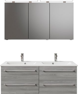 Saphir Badmöbel-Set Serie 6025 2-teilig Mineralmarmor-Waschtisch mit LED-Spiegelschrank, (2-St), Waschplatz 132cm breit, 4 Schubladen, 2 Spiegel-Türen, inkl Türdämpfer