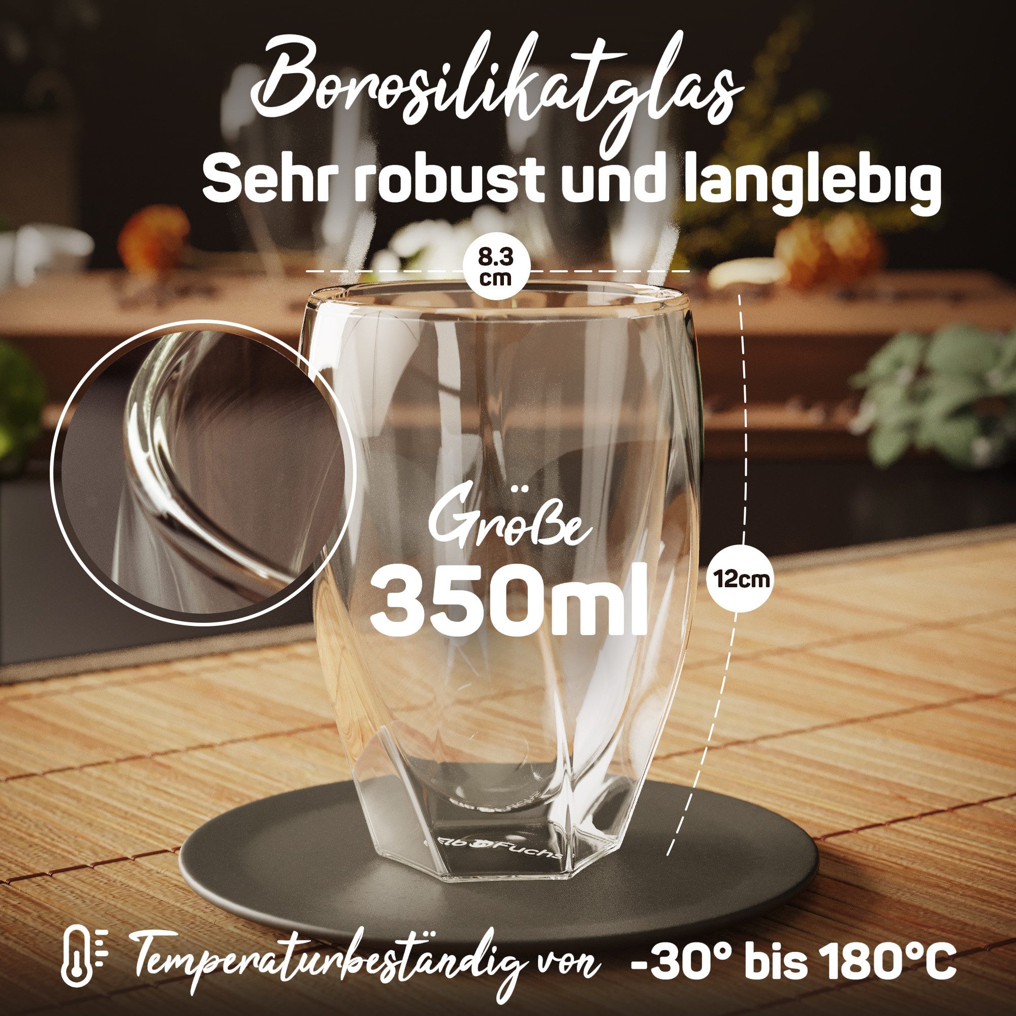 ElbFuchs Latte-Macchiato-Glas Barcelona Curved, 350ml, Borosilikatglas, 4-tlg., Borosilikatglas, Doppelwandiger Thermoeffekt – Bild 5 von 5