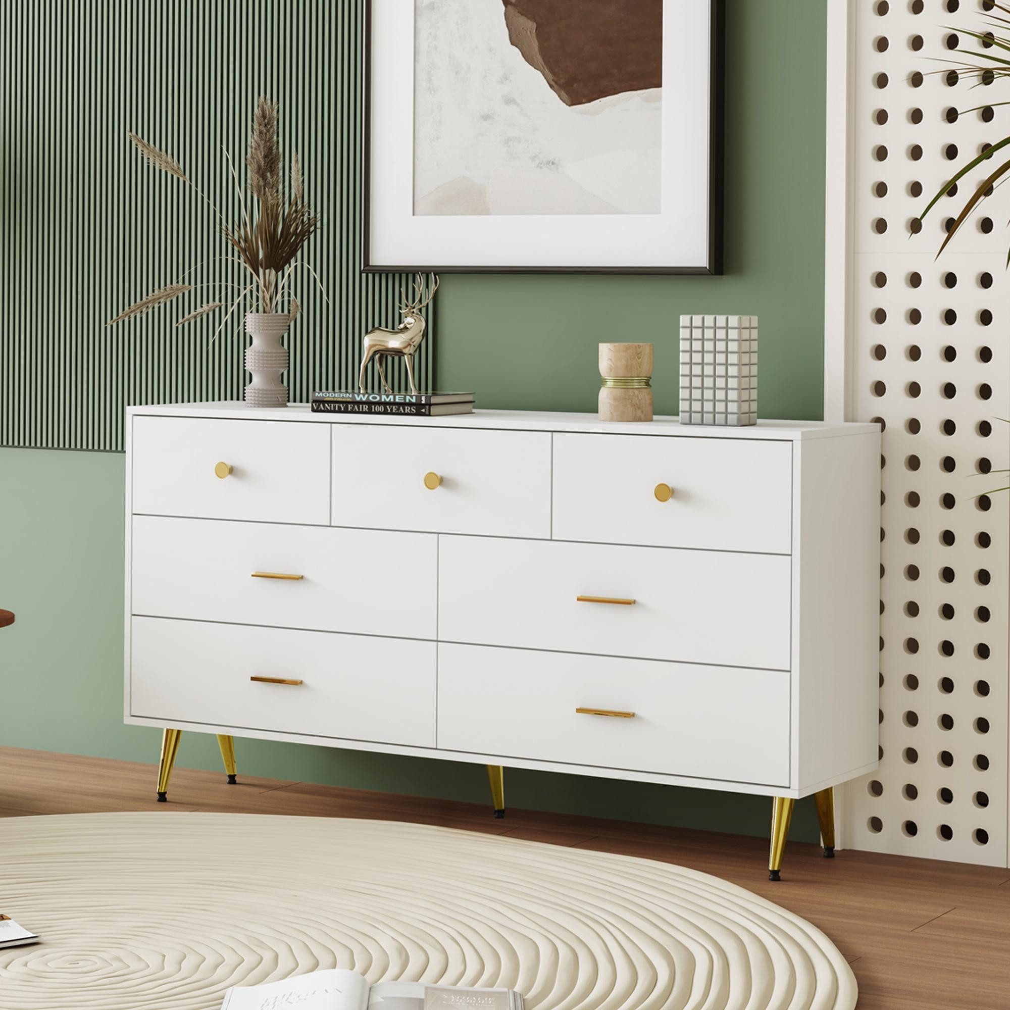 STILVORA Sideboard mit Schubladen,Aufwahrungsschrank Kommode mit goldene Griffe&Beine (7 Schubladen,goldene Griffe, goldene Beine), latte Schubladenführungen 140*35*76cm
