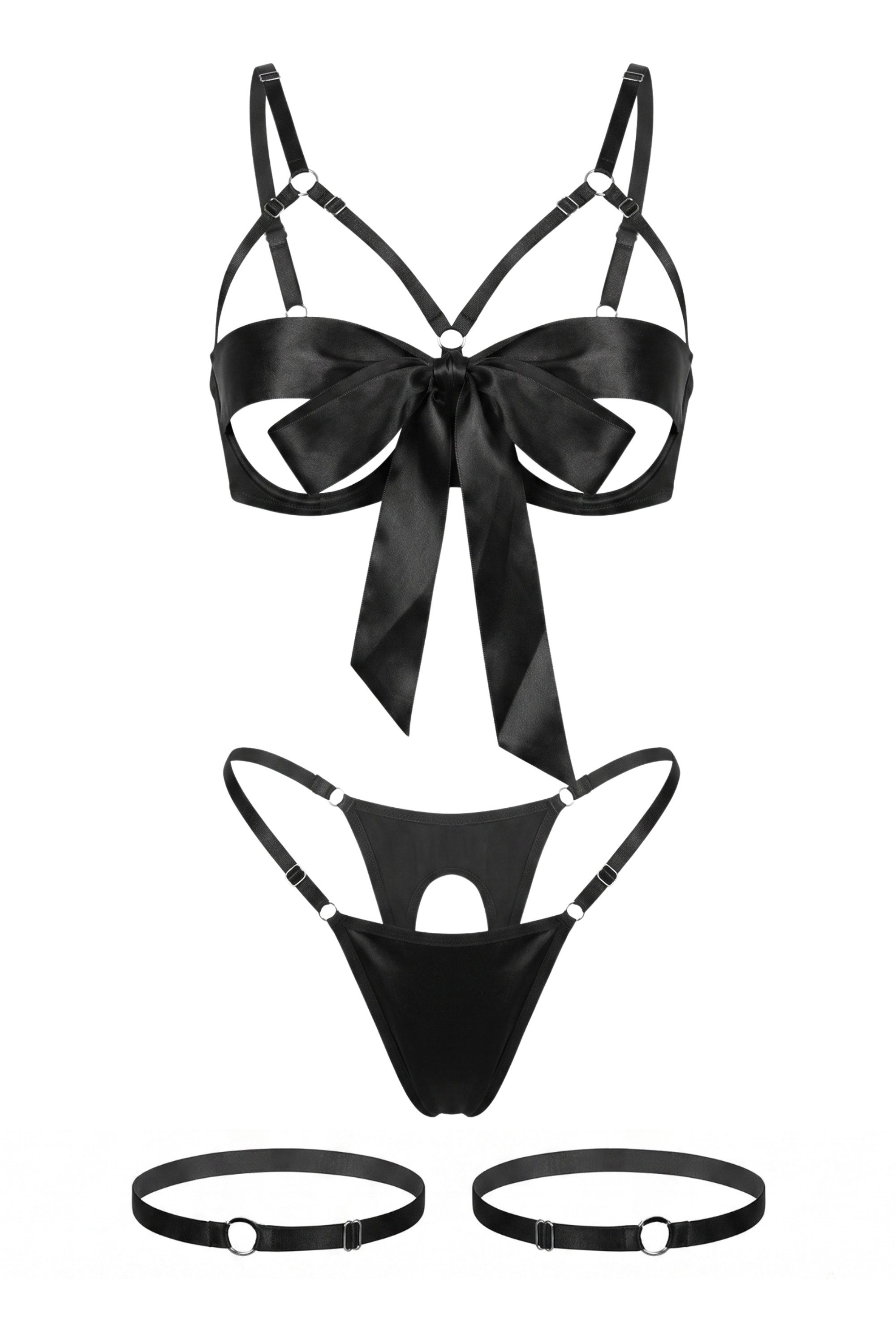 Elegant Love Set: Bügel-BH Satin-Dessous-Set mit Schleife – Sexy Damenunterwäsche im Ouvert-Stil (Set, 2-tlg., BH mit offenen Cups, ouvert Tanga) Lingerie-Set – Offen gestaltete Reizwäsche für besondere Momente