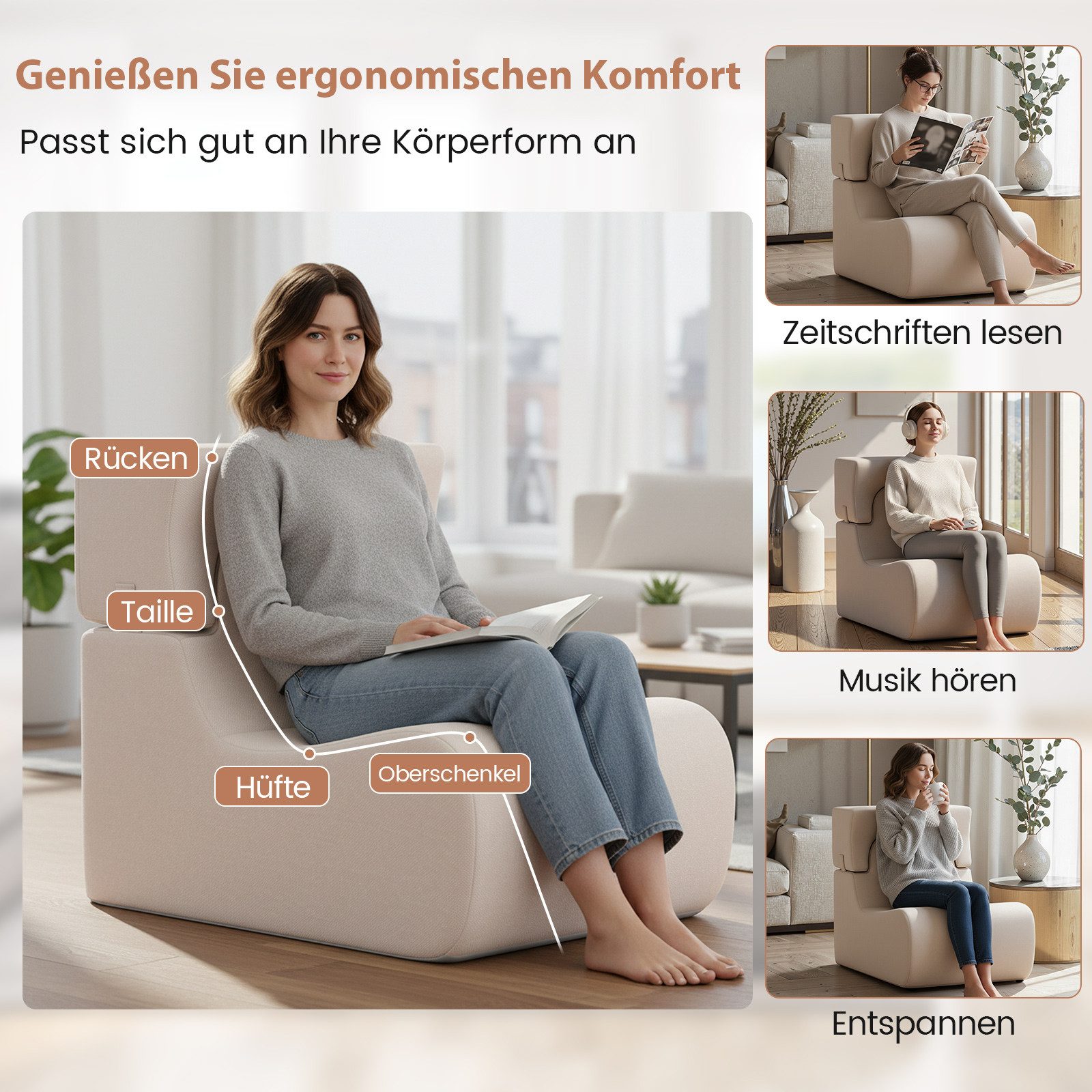 COSTWAY Relaxsessel, Bodensessel gepolstert mit rutschfestem Boden 160kg